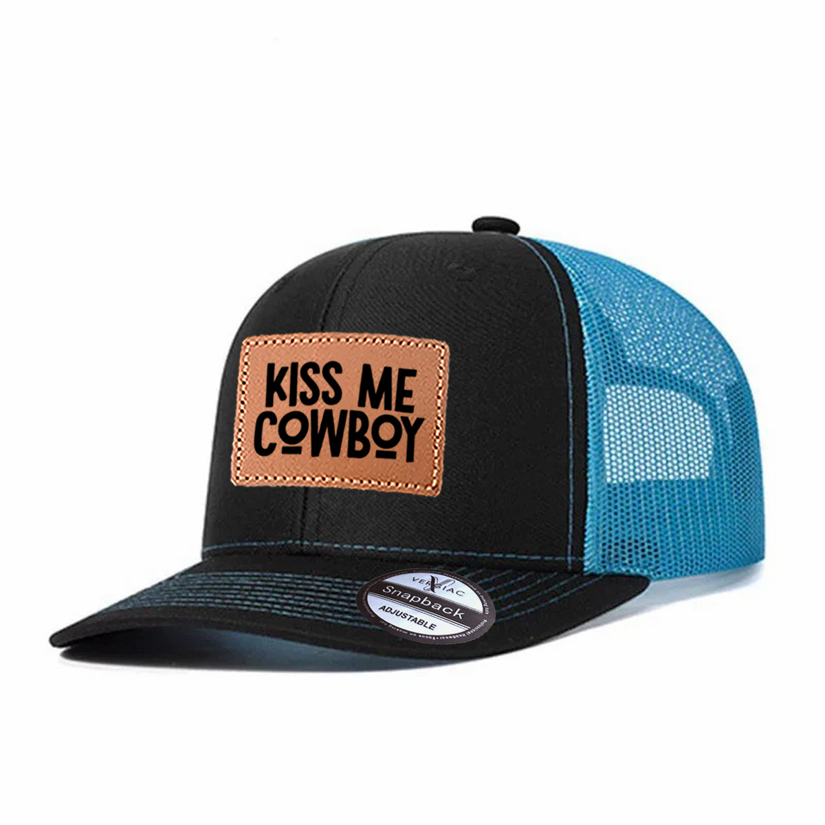 Kiss Me Cowboy Leather Patch Trucker Hat product details