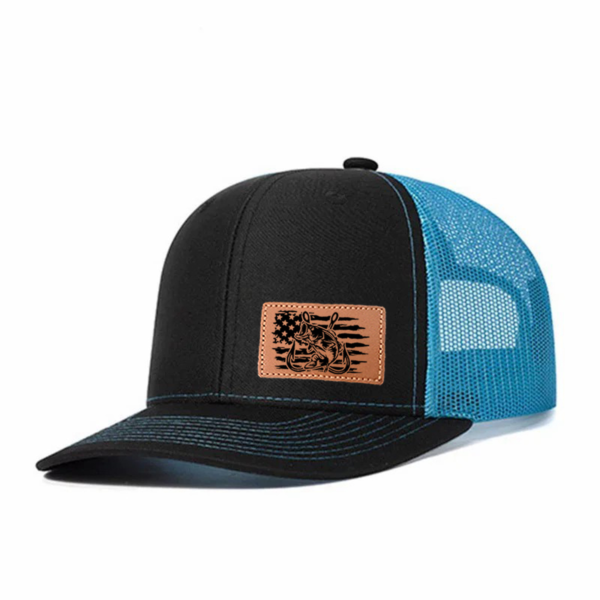 Fishing-themed Leather Patch Trucker Hat product details