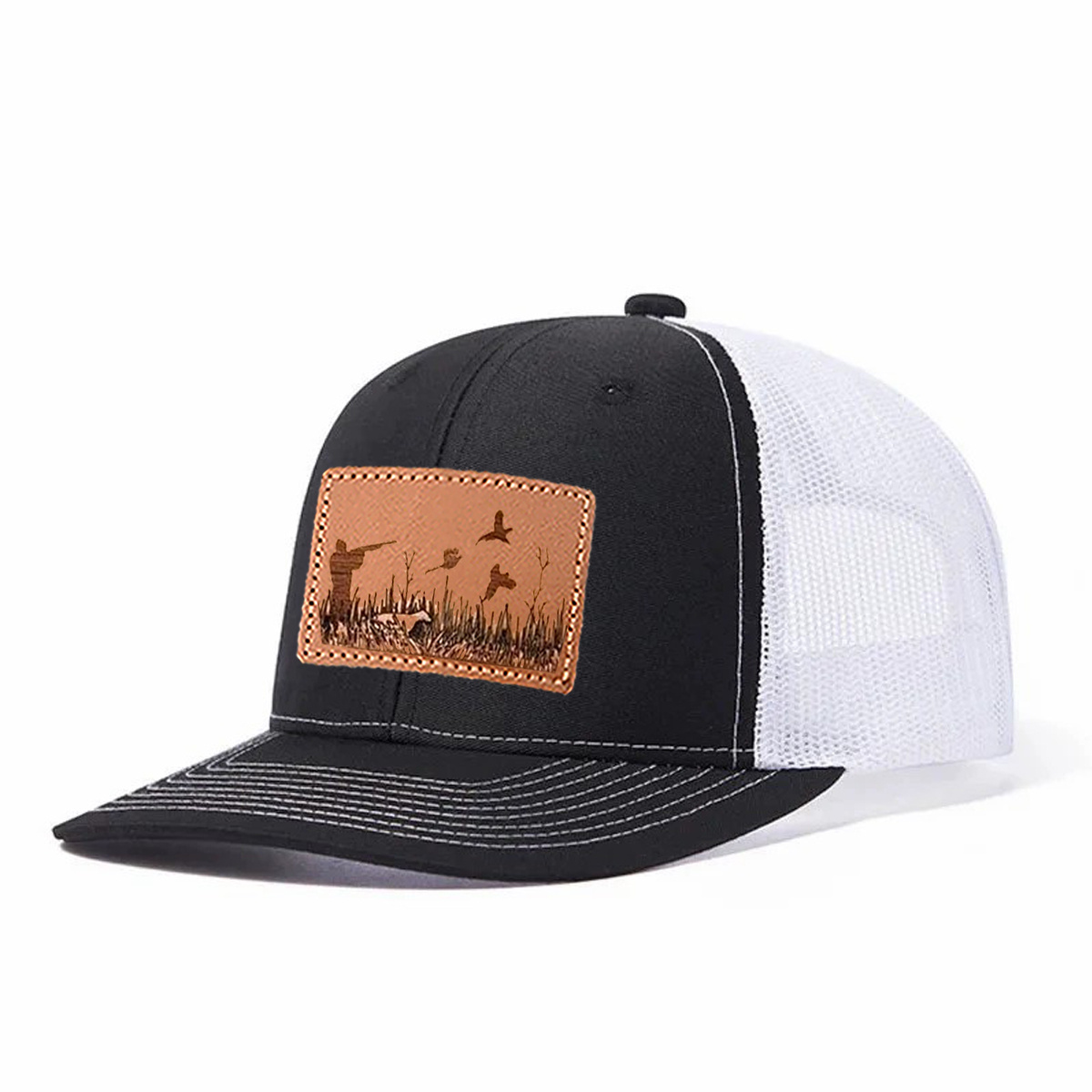 Upland Bird Hunting Scene Leather Patch Trucker Hat product details