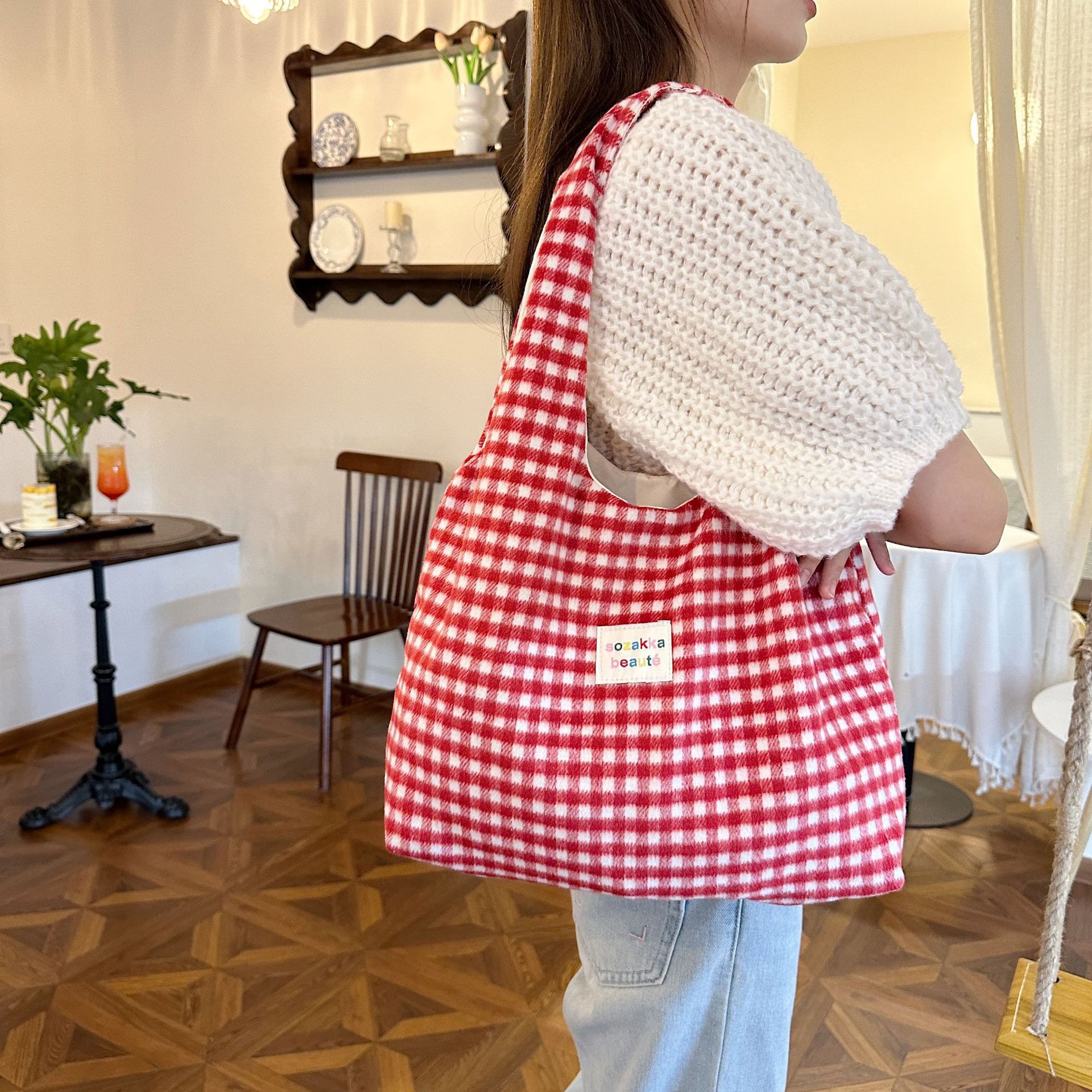 Korean Ins Sweet Pink Gingham Hobo Tote Bag Soft Fabric Letter Patch Large Capacity Ladies Campus Casual Shoulder Purse_voghion.com