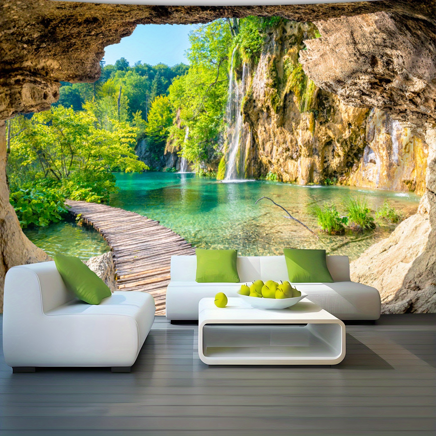Ultra Large Tranquil Cave Forest Lake Landscape Printed Tapestry Aesthetic HD Polyester Wall Tapestry For Bedroom Living Room With Free Hanging Clips_voghion.com