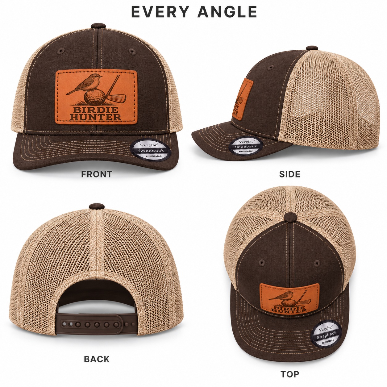 Birdie Hunter Bird And Golf Graphic Leather Patch Trucker Hat product details