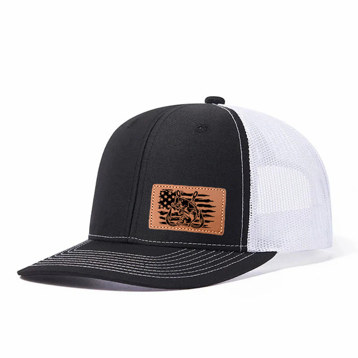 Fishing-themed Leather Patch Trucker Hat product details