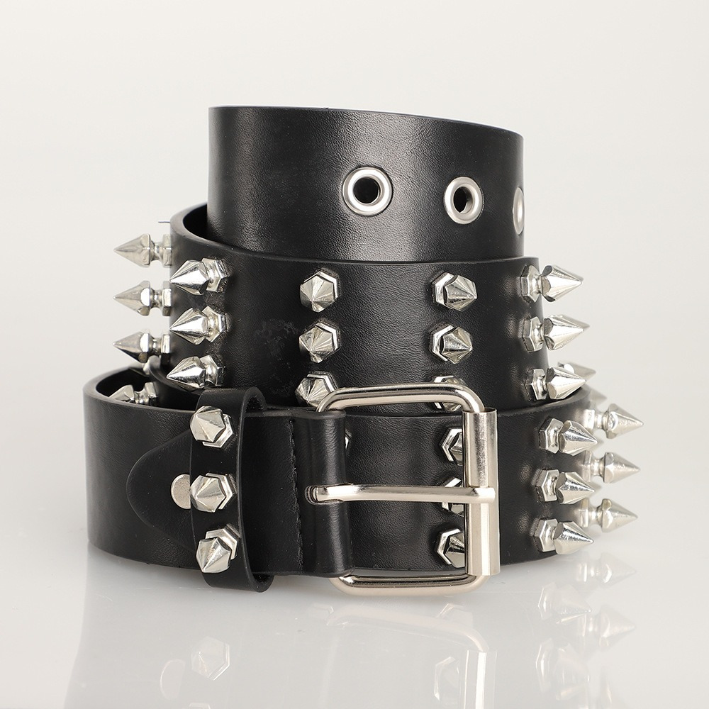 Unisex Black Spiked Studded Leather Belt Adjust Punk Rock Wide