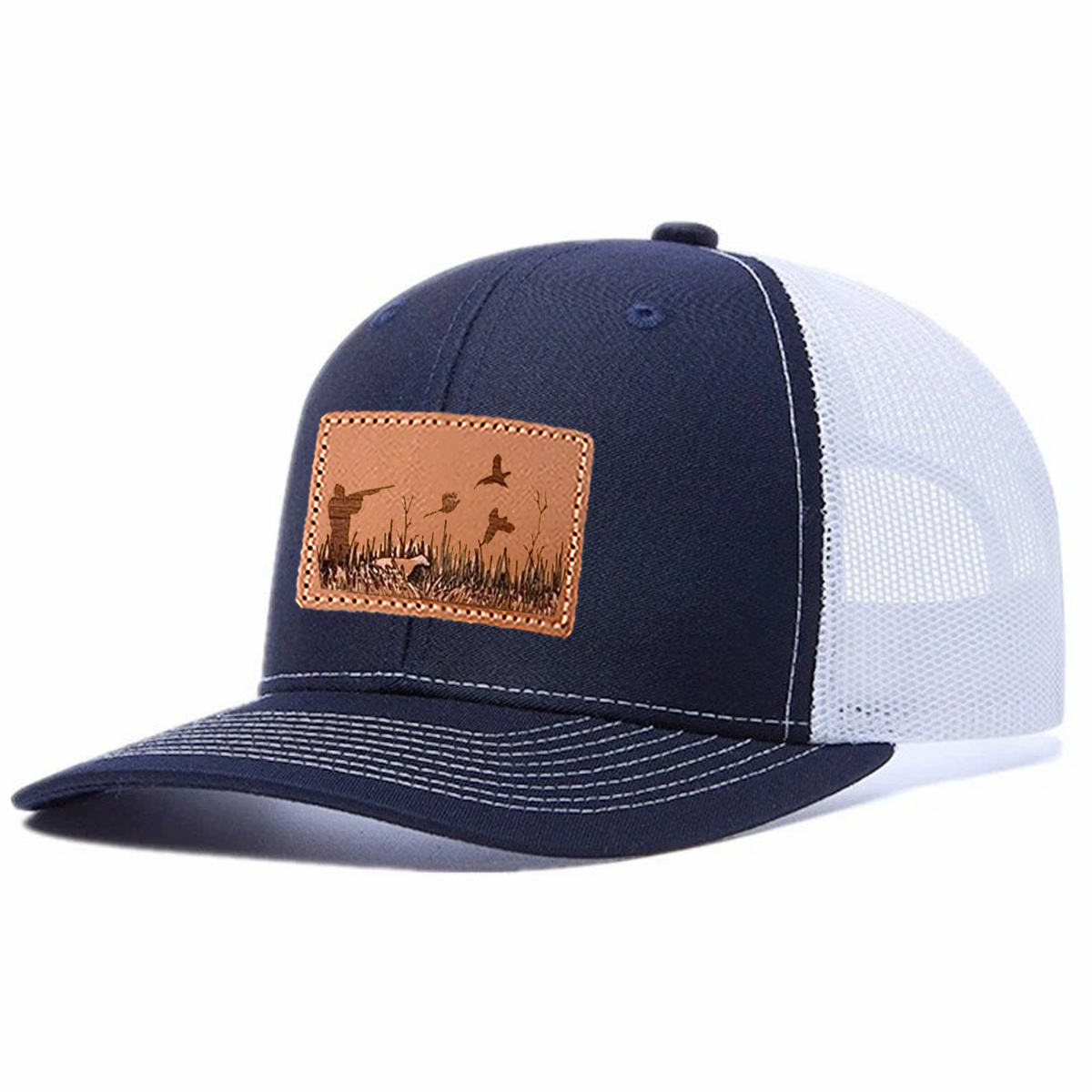 Upland Bird Hunting Scene Leather Patch Trucker Hat product details