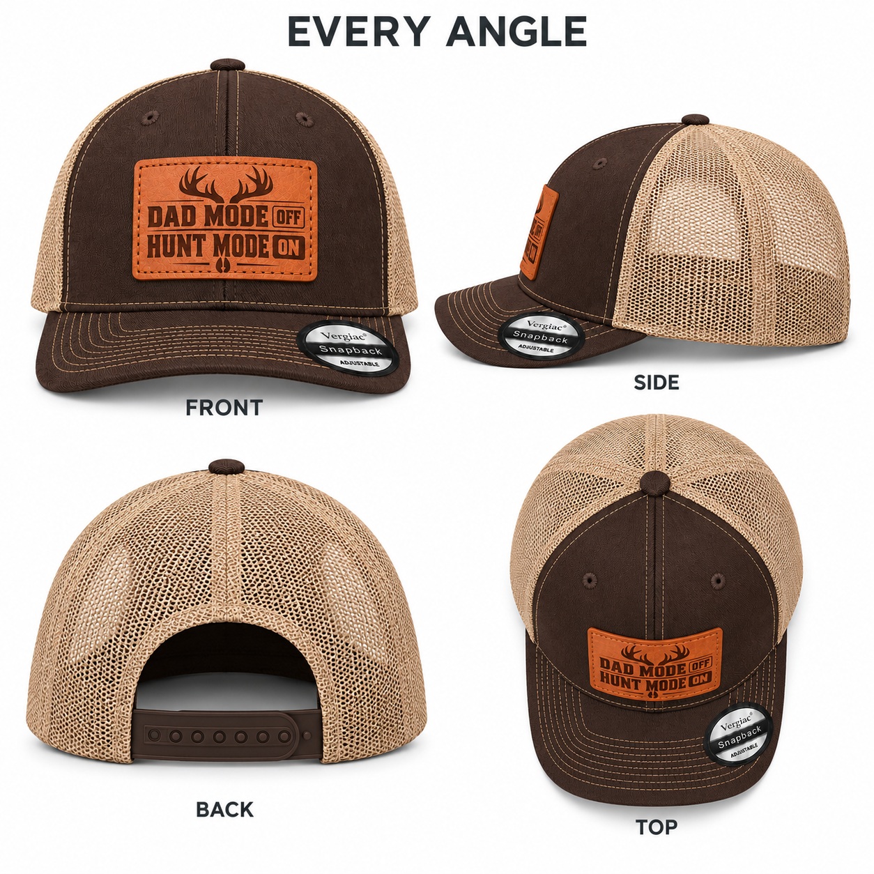 Dad Mode Off Hunt Mode On Antler Graphic Leather Patch Trucker Hat product details