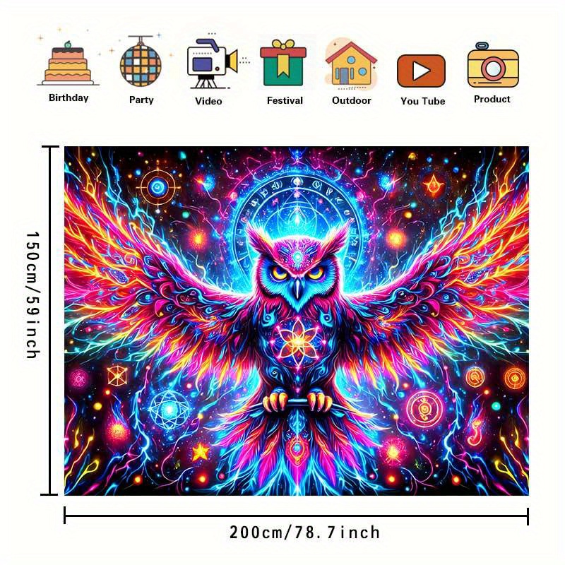 3D Neon Vibrant Owl Tapestry Premium Polyester Wall Hanging Colorful Psychedelic Glowing Orbs Stars Home Decor For Bedroom Gaming Themed Rooms_voghion.com