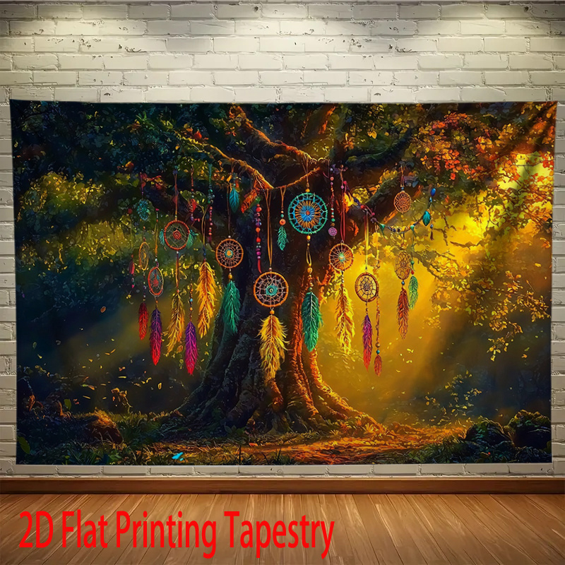 Boho Dreamcatcher Tree Tapestry 2D Flat Printing Fantasy Forest Pattern Polyester Wall Hanging For Home Living Room Bedroom Office Yoga Studio Decor_voghion.com
