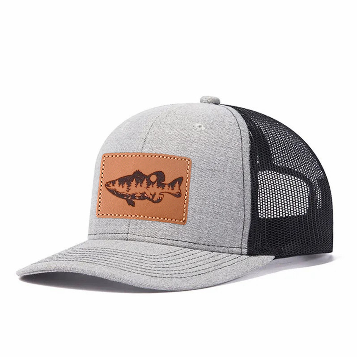 Largemouth Bass Scene Leather Patch Trucker Hat product details