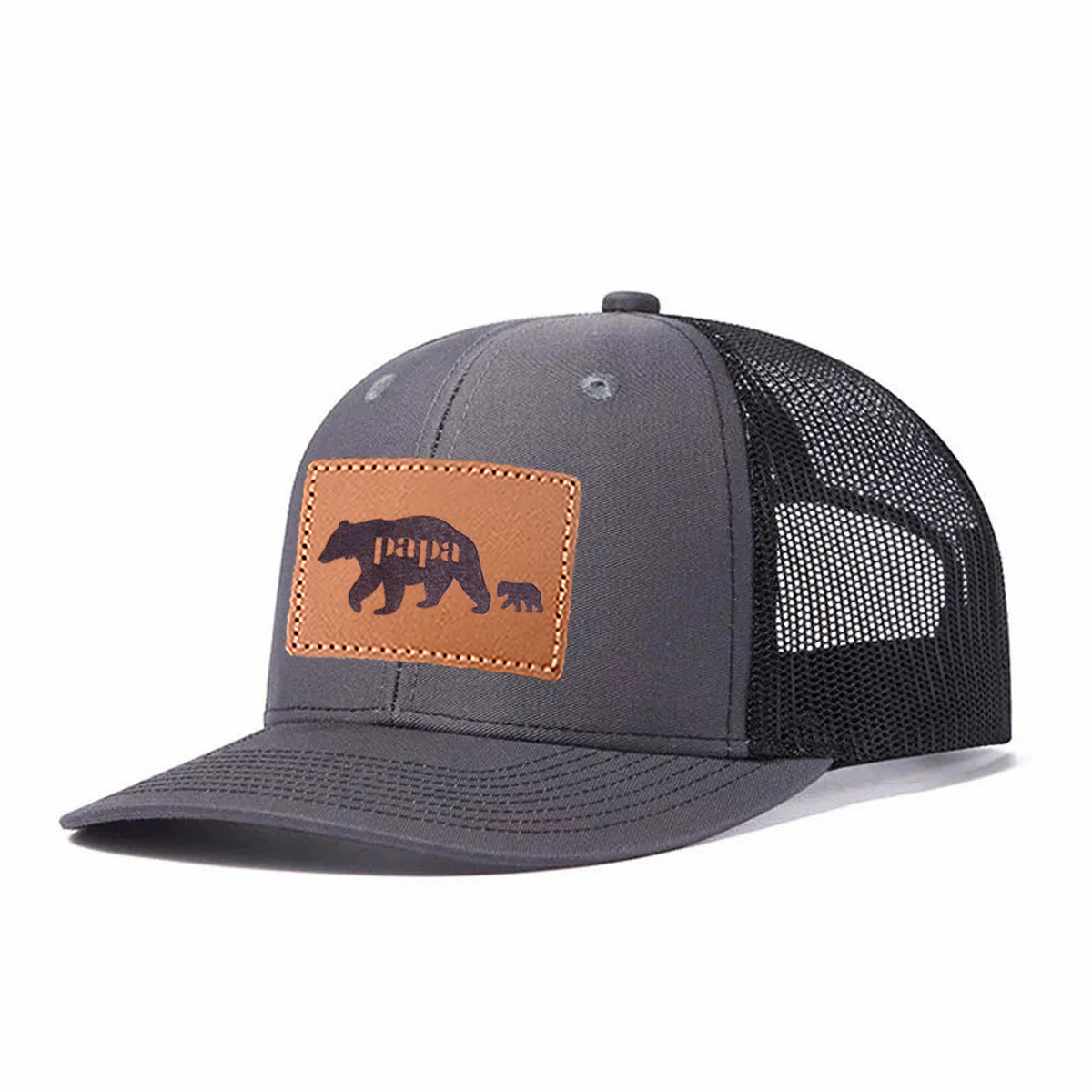 Papa Bear Leather Patch Trucker Hat product details