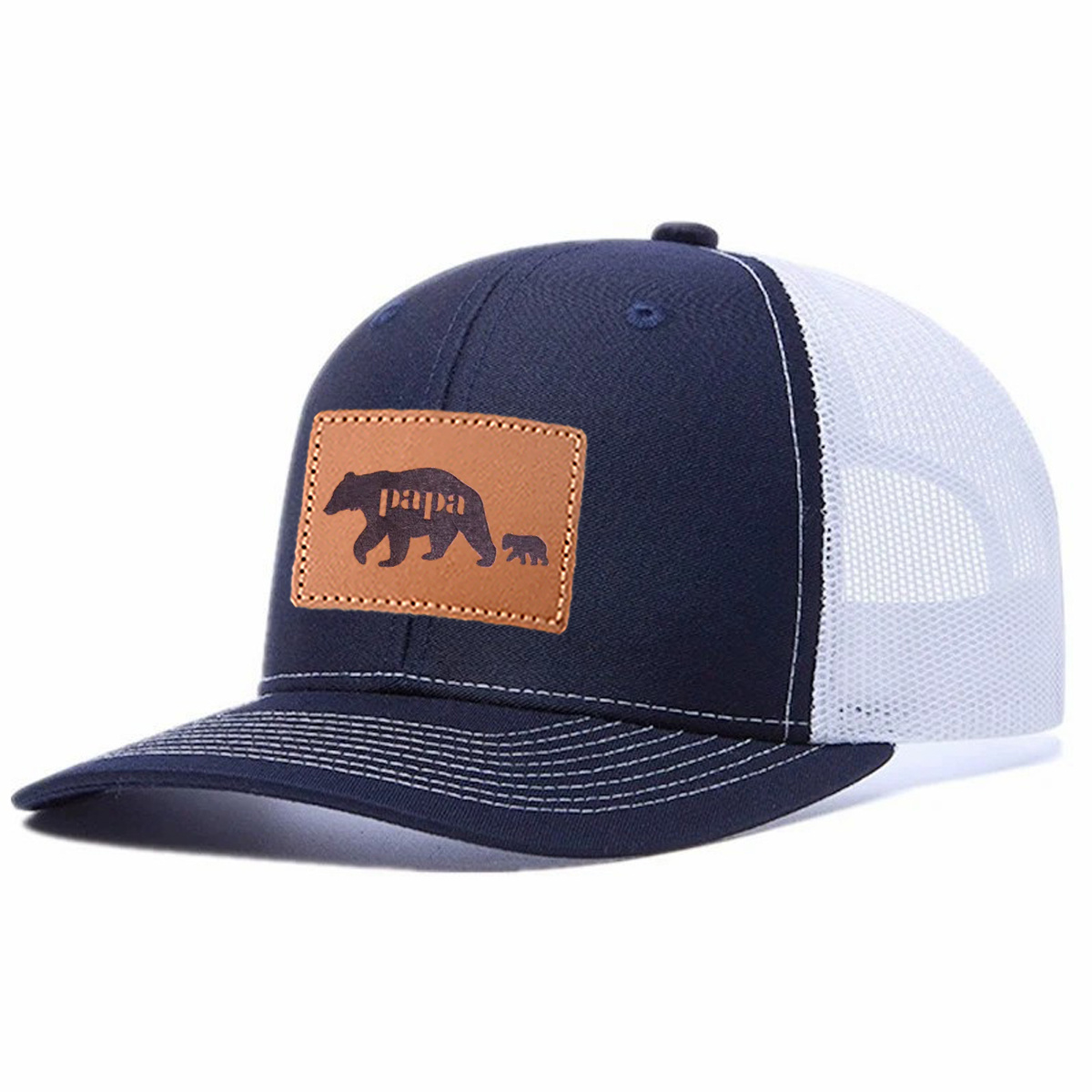 Papa Bear Leather Patch Trucker Hat product details