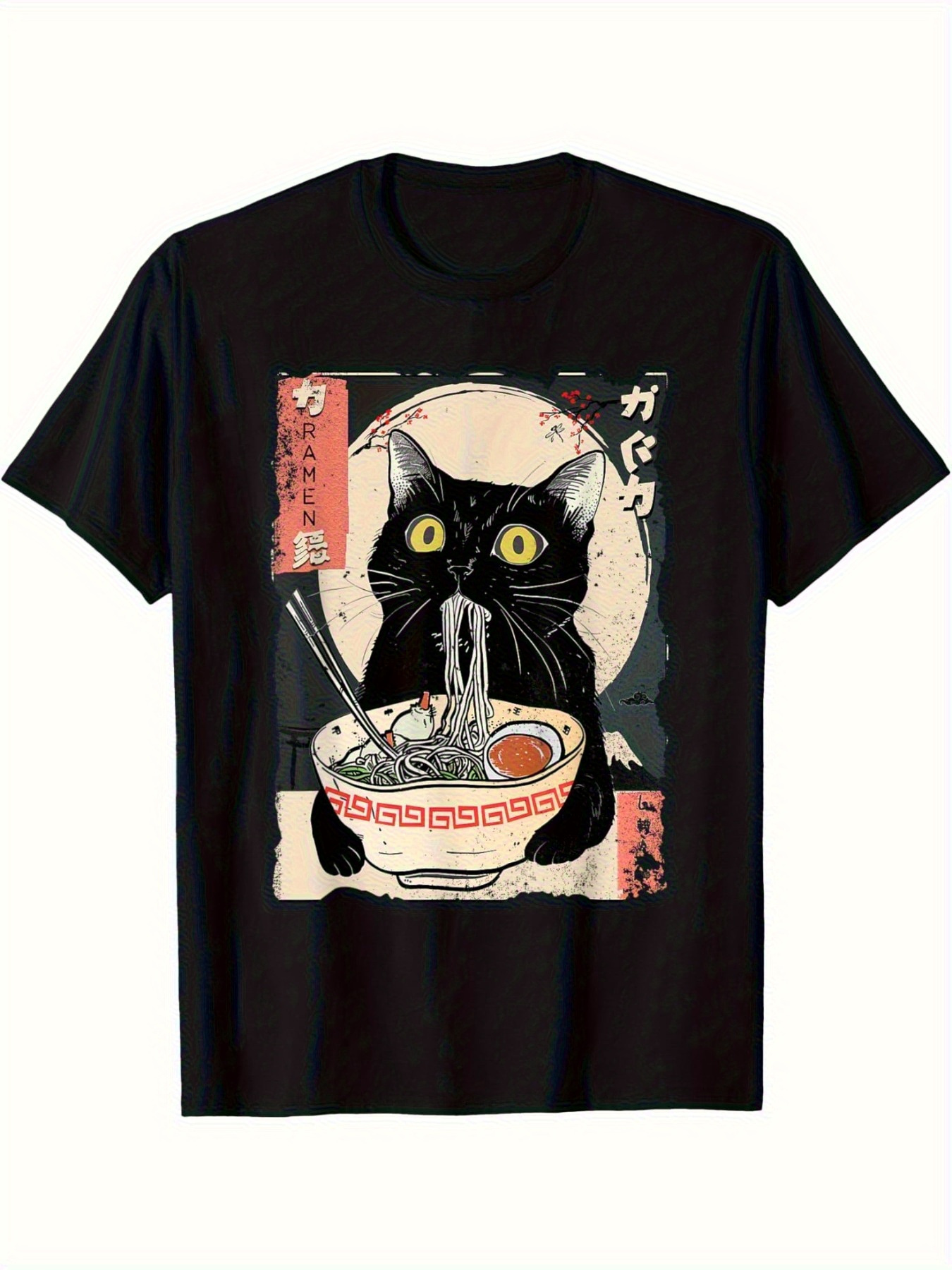 Maglietta Uomo 100% Cotone 180g Girocollo, Stampa Gatto Ramen Giapponese Retrò, Lavabile Ideale Appassionati Anime E Amanti Animali_viptrois.com