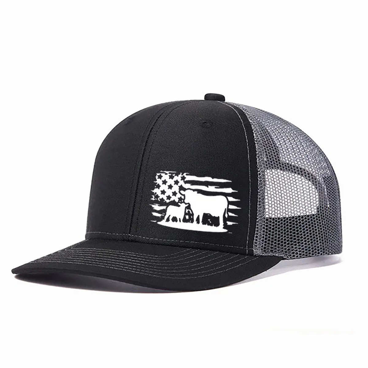 American Flag And Cattle Silhouette Leather Patch Trucker Hat product details