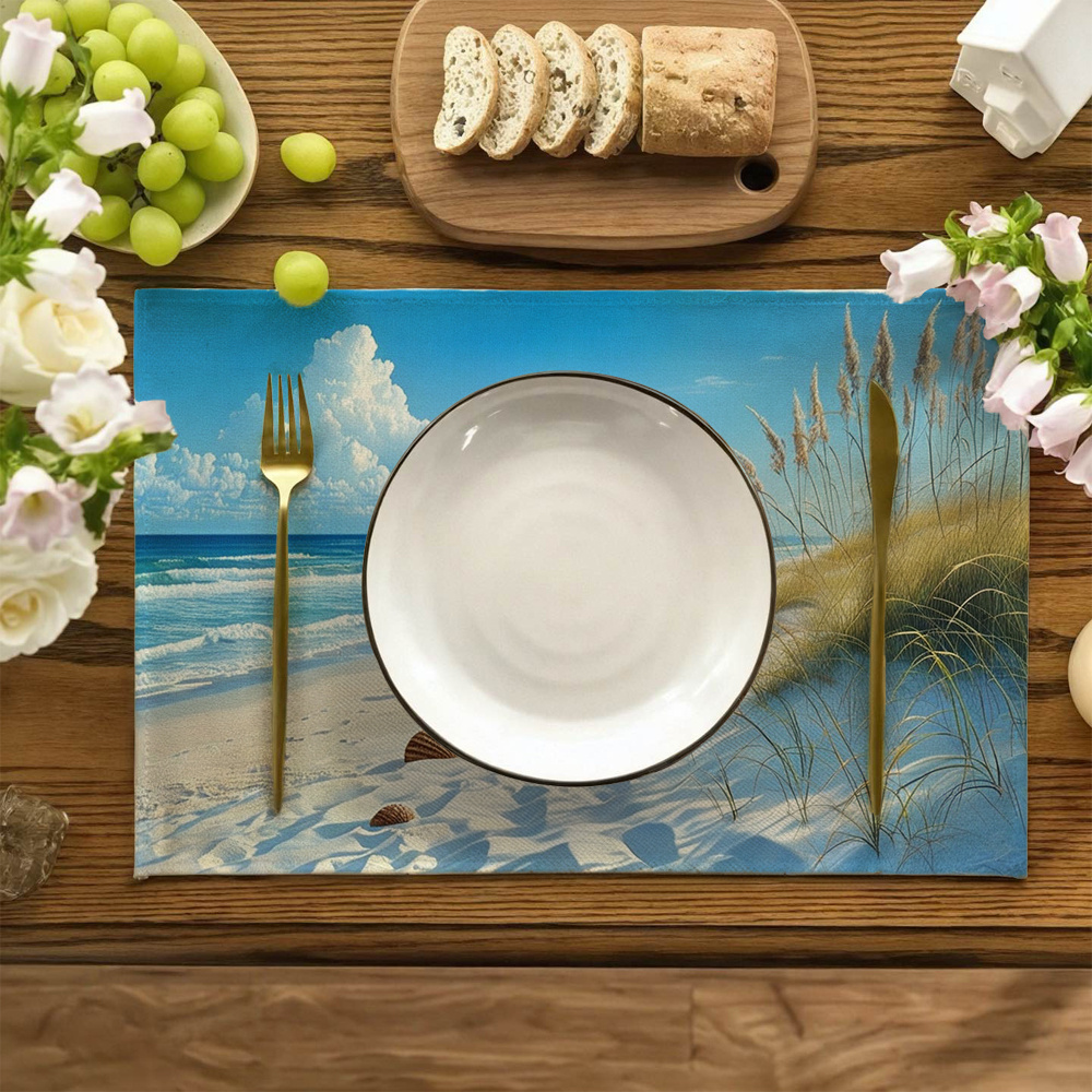 Ensemble de 4 sets de table turquoise et blancs à motif plage côtière - Vagues, coquillages et empreintes de pas réalistes, texture bleu clair et sable_voghion.com