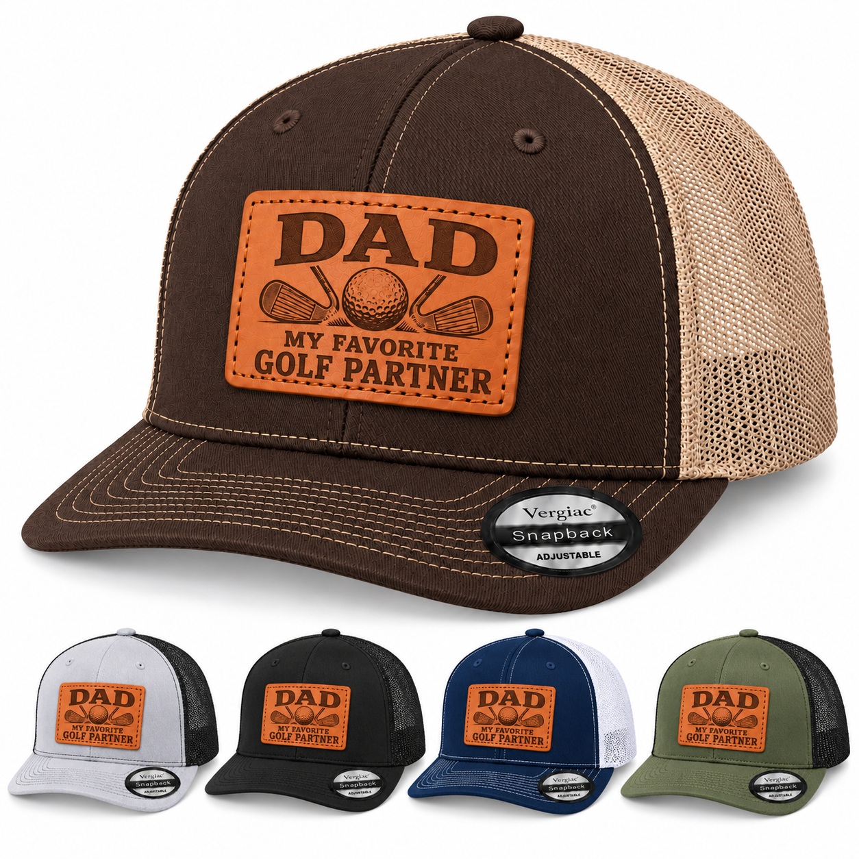 Dad My Favorite Golf Partner Golf Club Graphic Leather Patch Trucker Hat product details