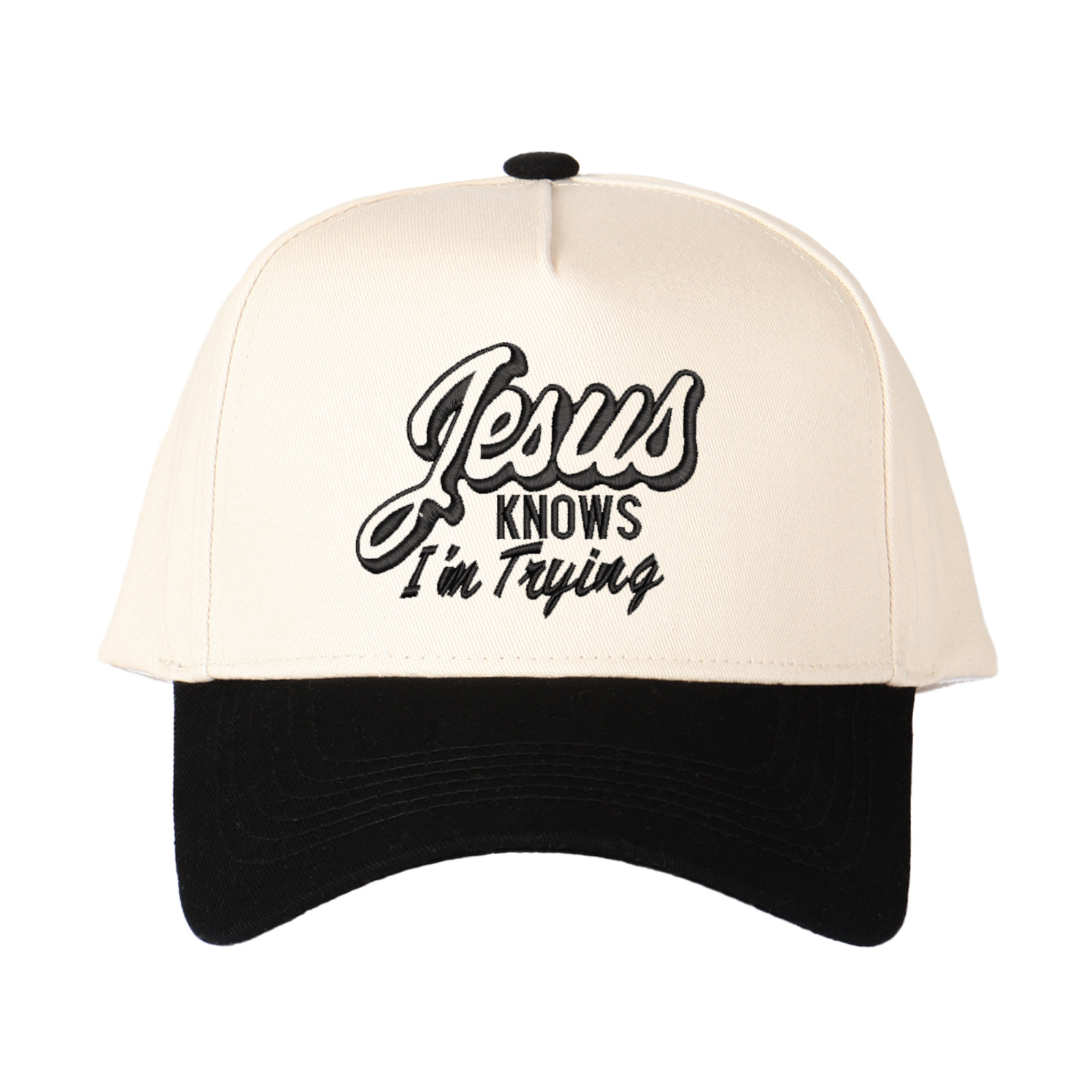 Jesus Knows I'm Trying Embroidered Trucker Hat product details