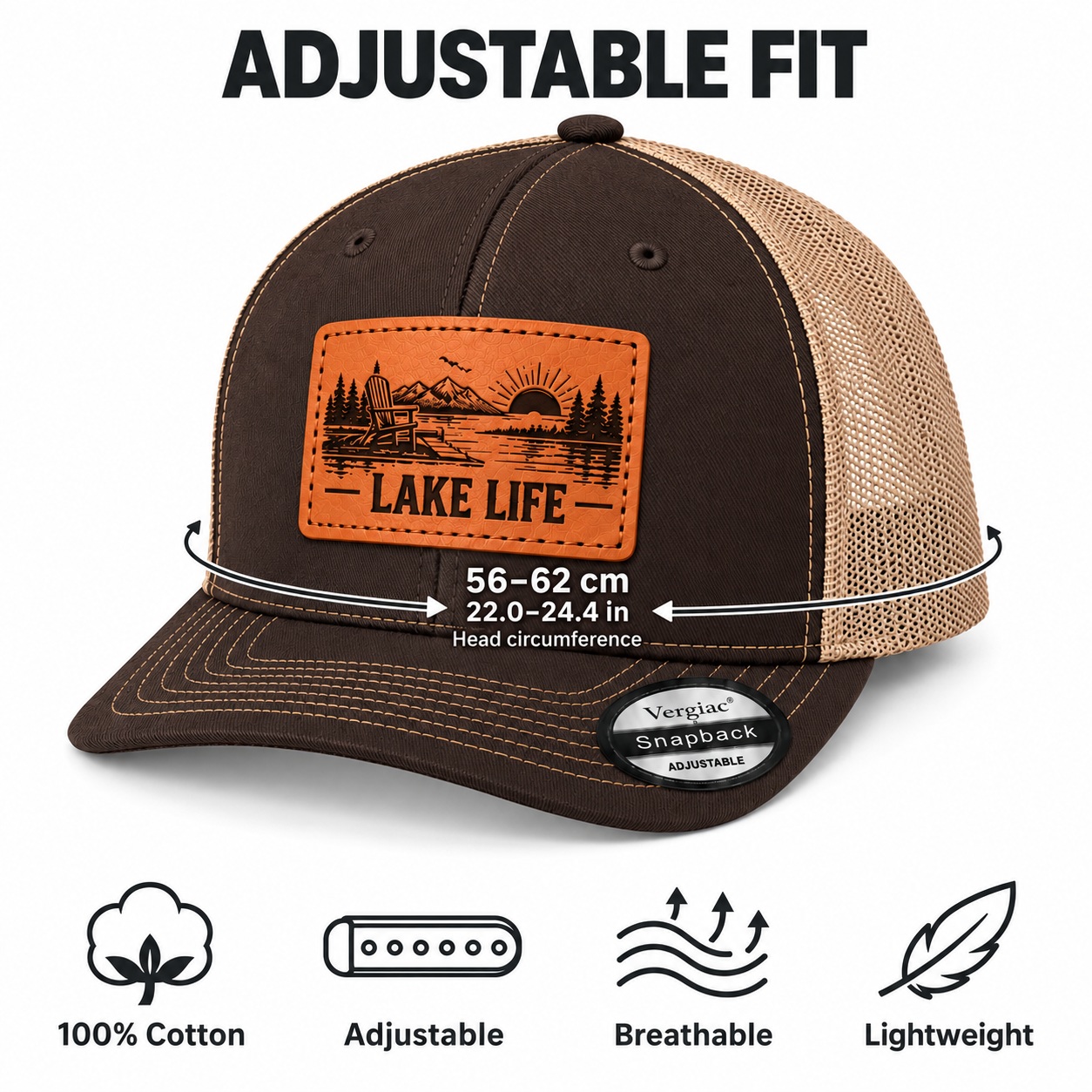 Lake Life Lakeside Chair And Mountain Graphic Leather Patch Trucker Hat product details