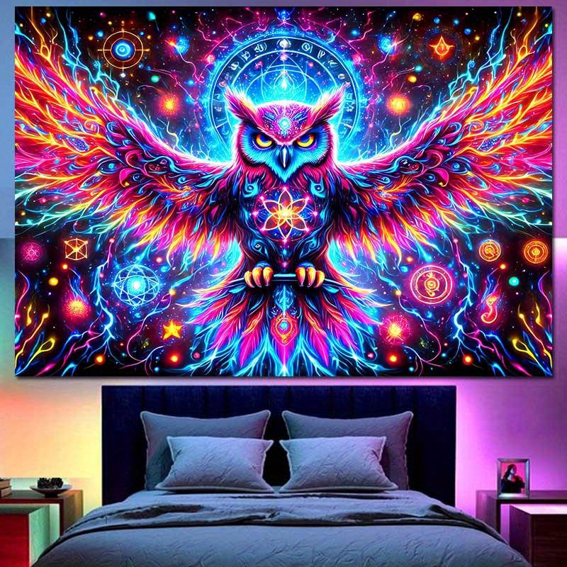 3D Neon Vibrant Owl Tapestry Premium Polyester Wall Hanging Colorful Psychedelic Glowing Orbs Stars Home Decor For Bedroom Gaming Themed Rooms_voghion.com