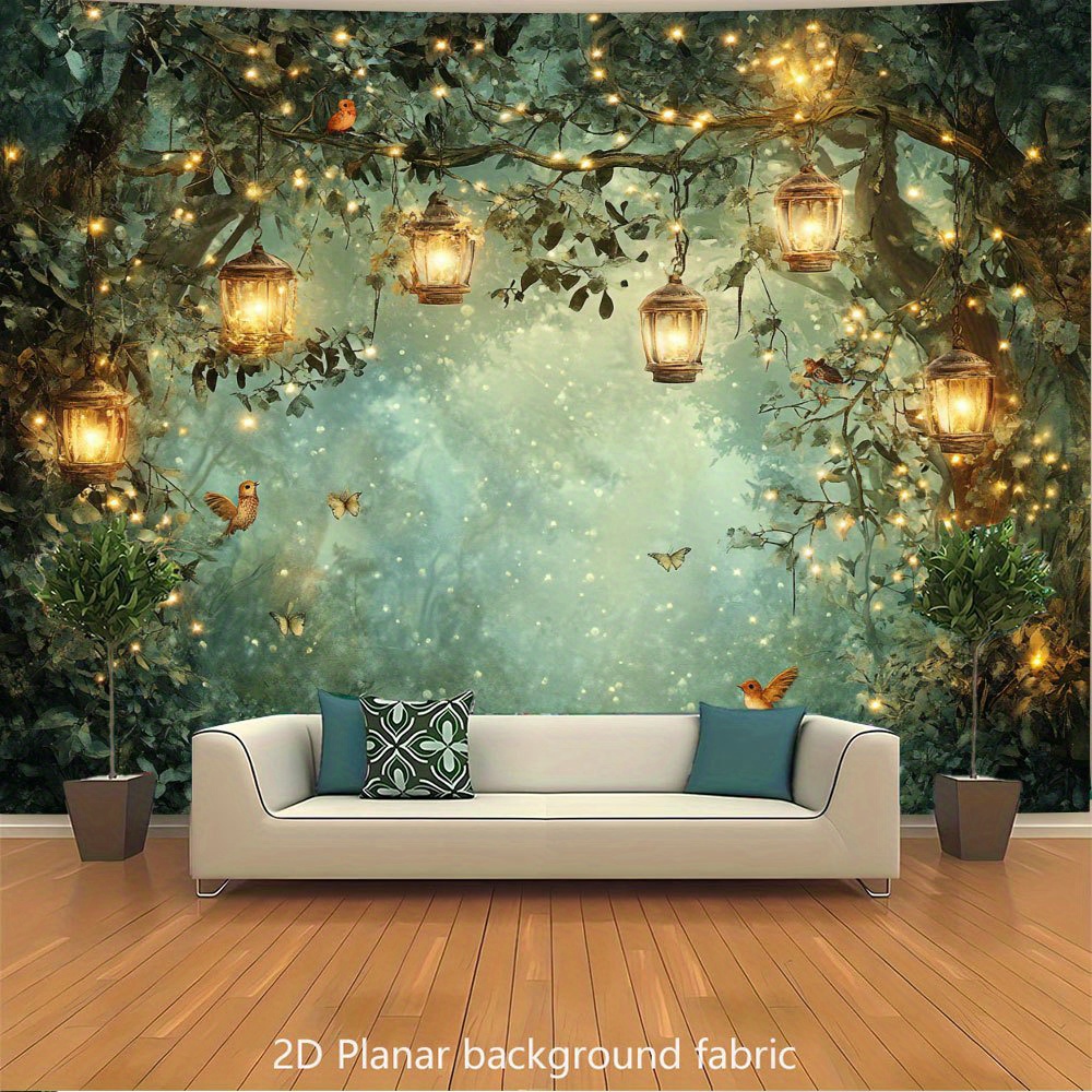 2D Flat Banner 1pc Magic Forest Night Scene Luminous Tapestry Bird Decoration Self Adhesive No Power Needed Easy Hang For All Seasons Indoor Outdoor_voghion.com