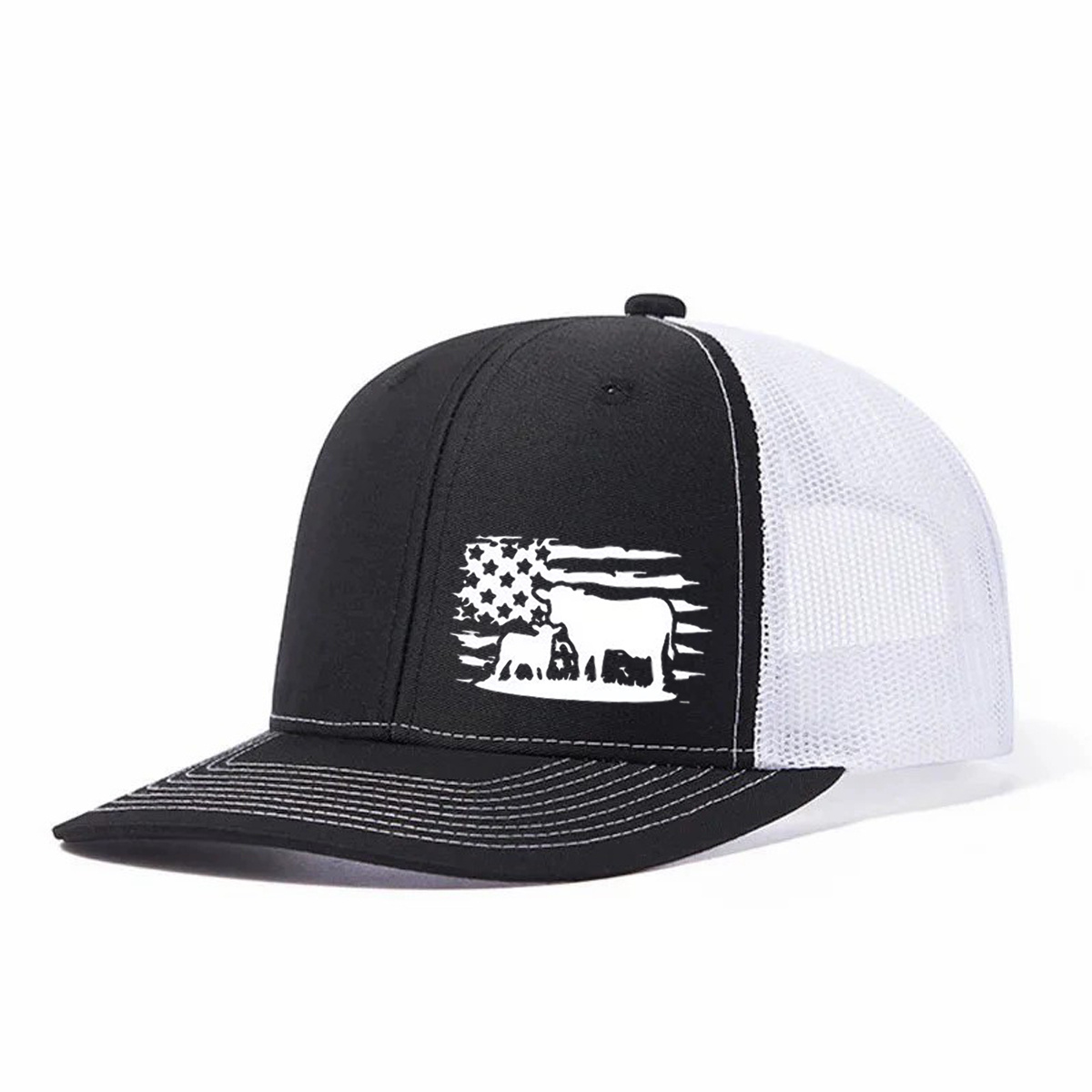 American Flag And Cattle Silhouette Leather Patch Trucker Hat product details