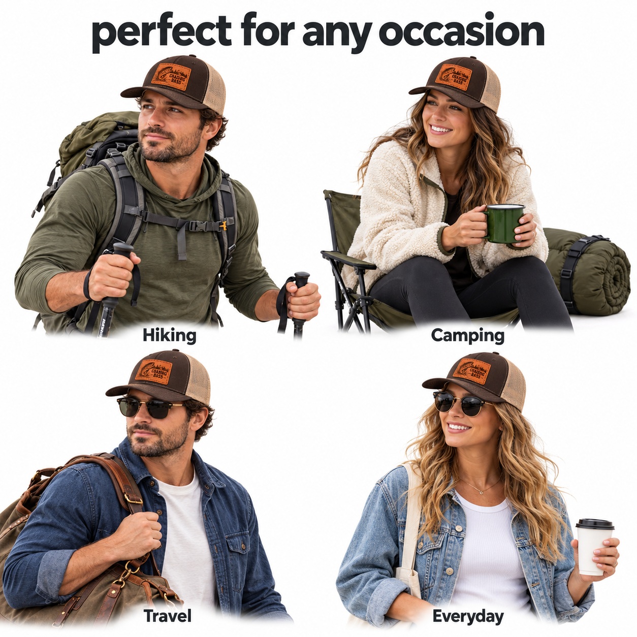 Chasing Bass Bass Fishing Graphic Leather Patch Trucker Hat product details