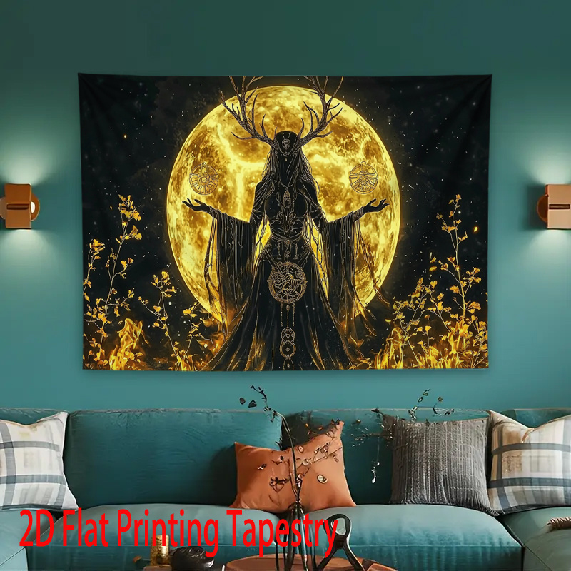 Tapiz plano 2D: un tapiz con una impresión plana en 2D de una diosa lunar con astas, perfecto para decorar tu hogar, sala de estar, dormitorio u oficina._voghion.com