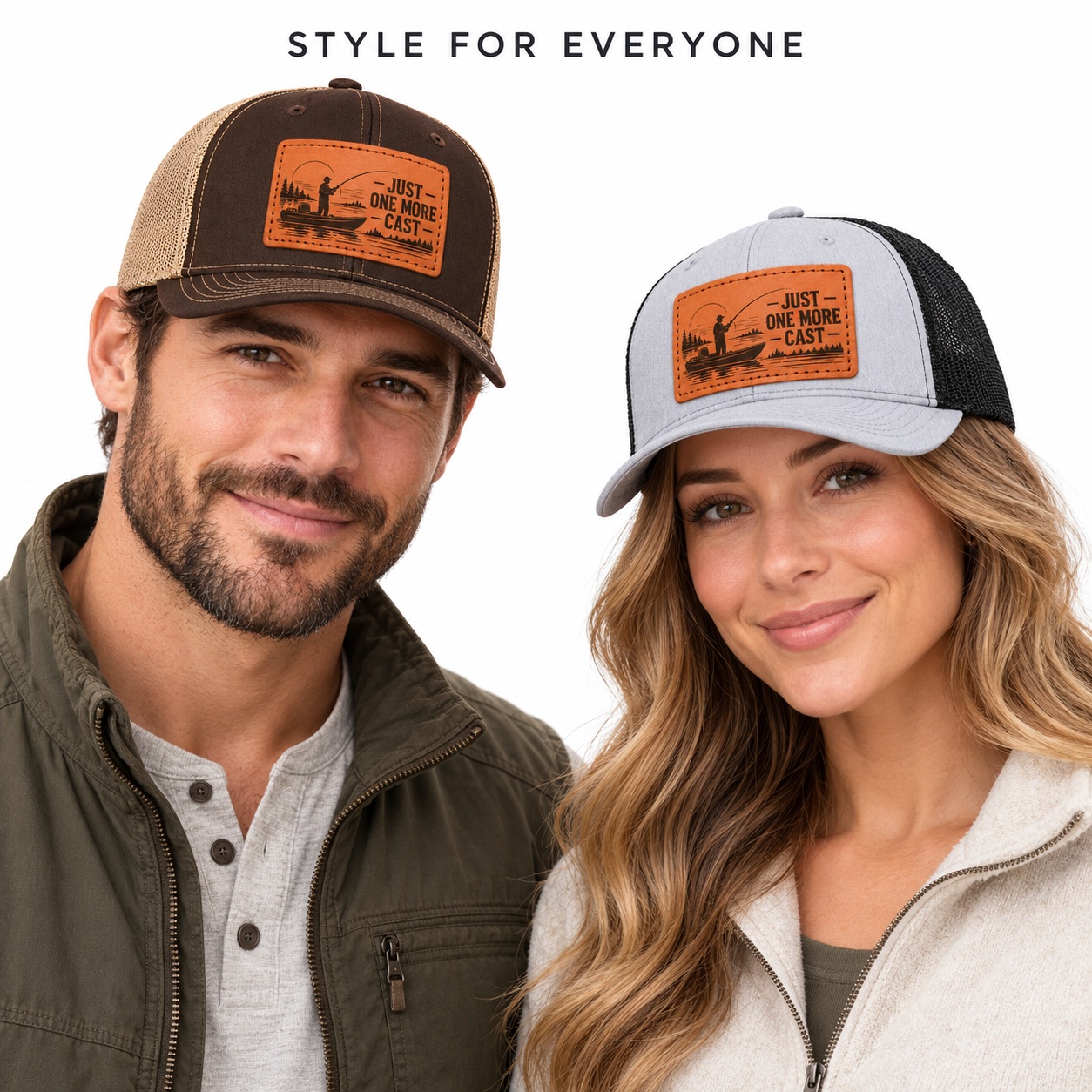 Just One More Cast Boat And Fishing Cast Graphic Leather Patch Trucker Hat product details
