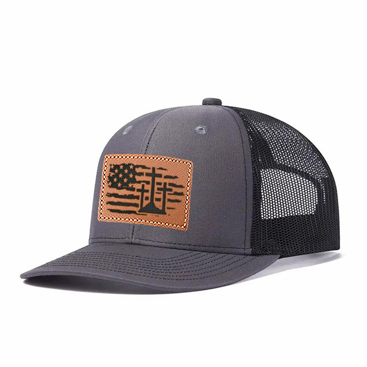 Us Flag Cross Leather Patch Trucker Hat product details