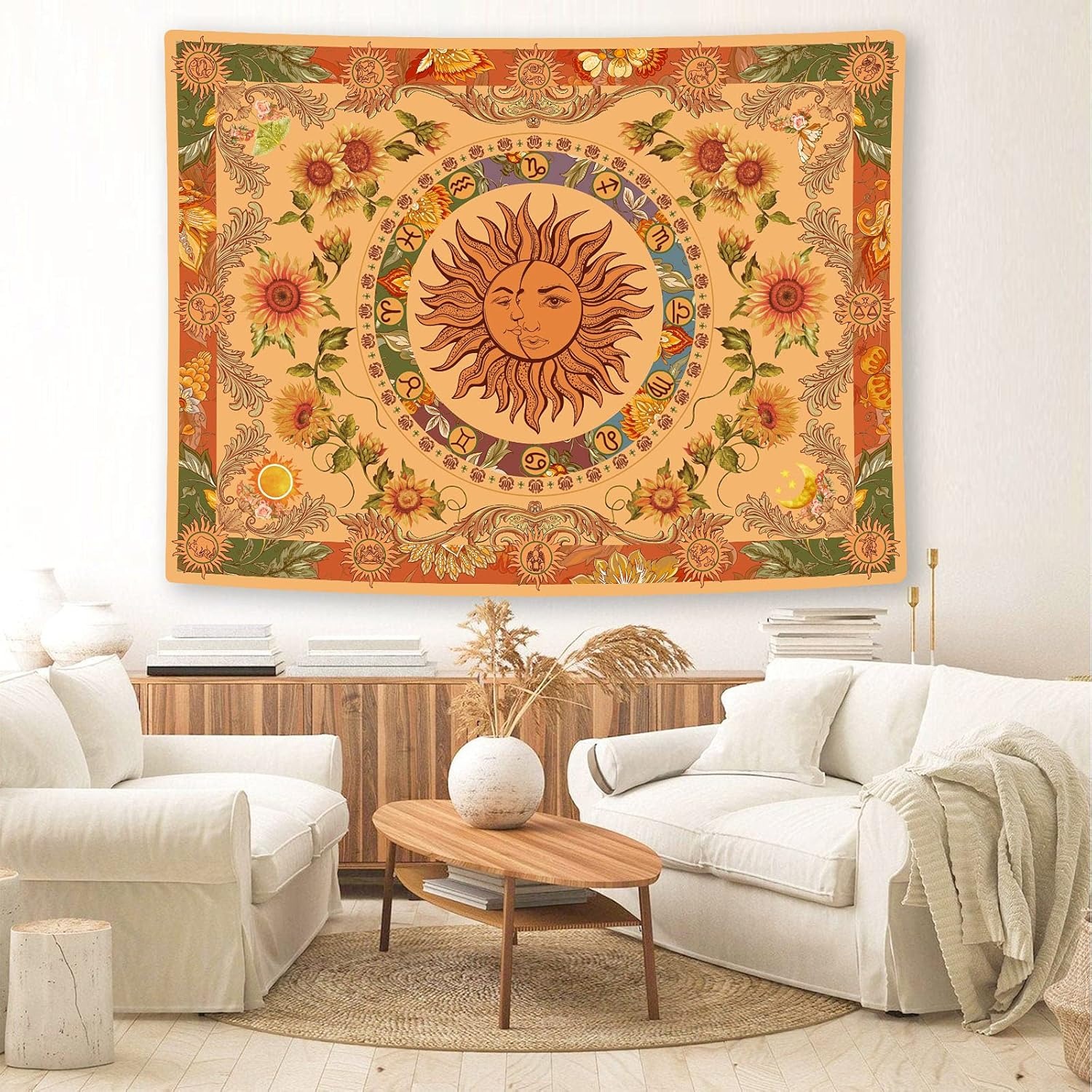 2D Flat Yellow Retro Bohemian Sun Tapestry 1pc With Sunflower Butterfly Moth Constellation Aesthetics For Dorm Living Camping Picnic All Seasons_voghion.com