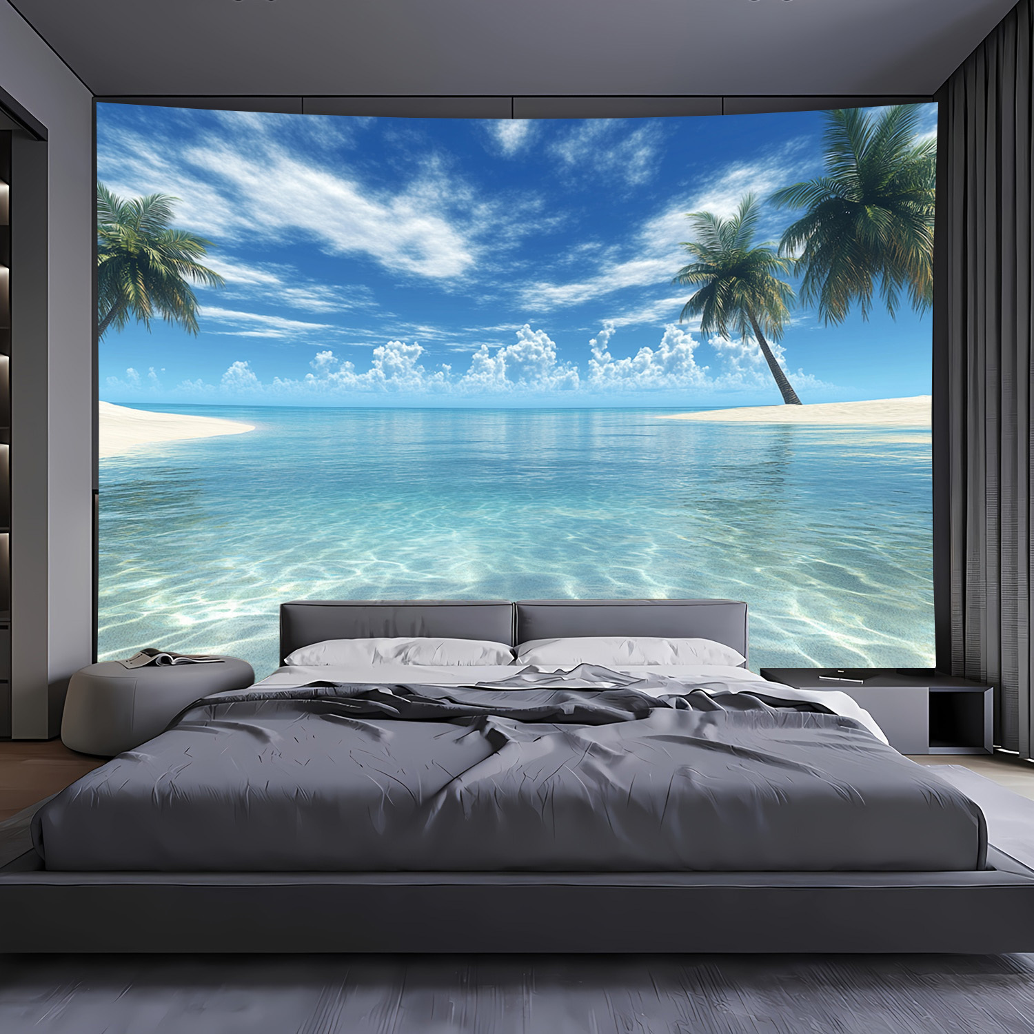 Large 2D Flat Tropical Beach Scenery Tapestry Wall Hanging With Palm Trees Crystal Clear Waters For Bedroom Living Room Decor Beach Theme_voghion.com