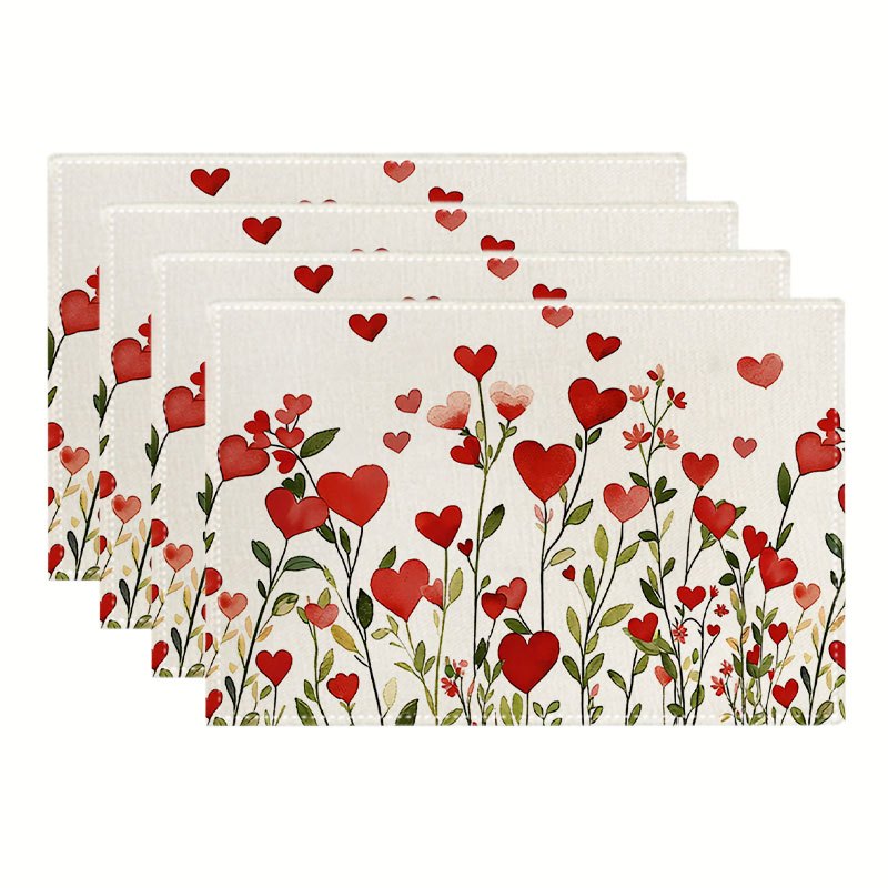 4/6 Tischsets mit rotem Herz- und Pflanzenmotiv zum Valentinstag, Dekorationen für Jubiläen und Hochzeiten mit Blatt- und Blumenmustern für die Küche_voghion.com