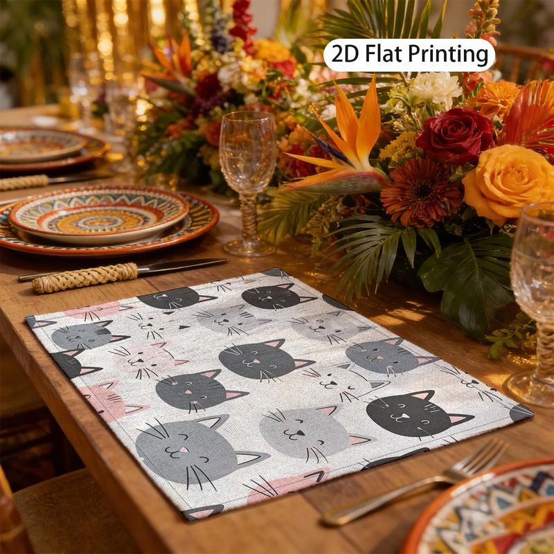 Set van 4 speelse placemats met kattengezichtjes en kattenprint. Een vrolijke, opvallende print, 30 x 45 cm (12 x 18 inch)._voghion.com