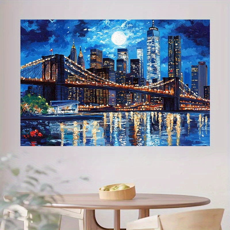 Tapeçaria de parede com o horizonte de Nova York, ponte iluminada e lua cheia, em poliéster, para decoração de festas de aniversário e como pano de fundo para fotografia (1 unidade)._voghion.com