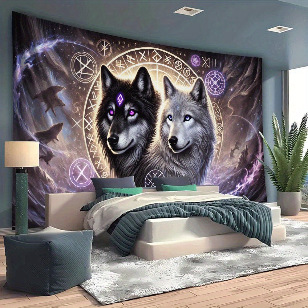 Purple Light Twin Wolves 1pc Large Wall Tapestry Home Decoration Suitable For Living Room Bedroom Dorm Party Decor Holiday Gift Outdoor Use_voghion.com