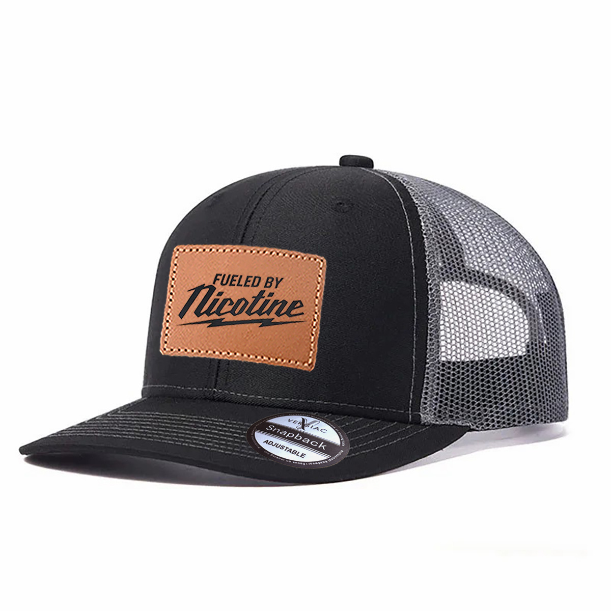 Men Fueled By Good Vibes Leather Patch Trucker Hat product details