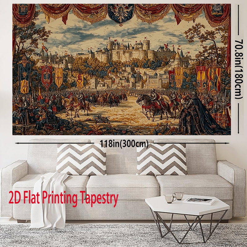 Vintage Aesthetic Medieval Castle Tournament Knight Jousting 2D Flat Printing Tapestry Polyester Wall Hanging Decor For Home Living Room Bedroom_voghion.com
