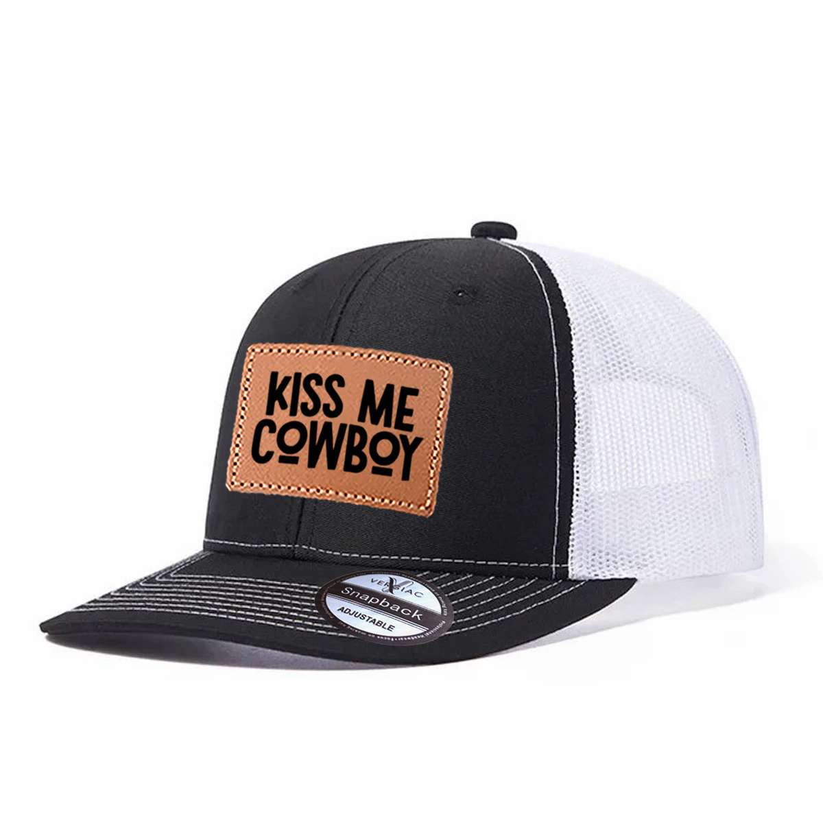 Kiss Me Cowboy Leather Patch Trucker Hat product details
