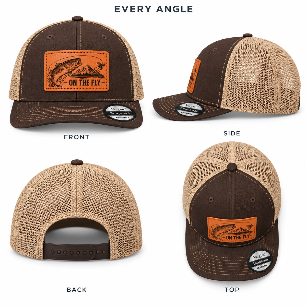 On The Fly Trout Fly Fishing Graphic Leather Patch Trucker Hat product details
