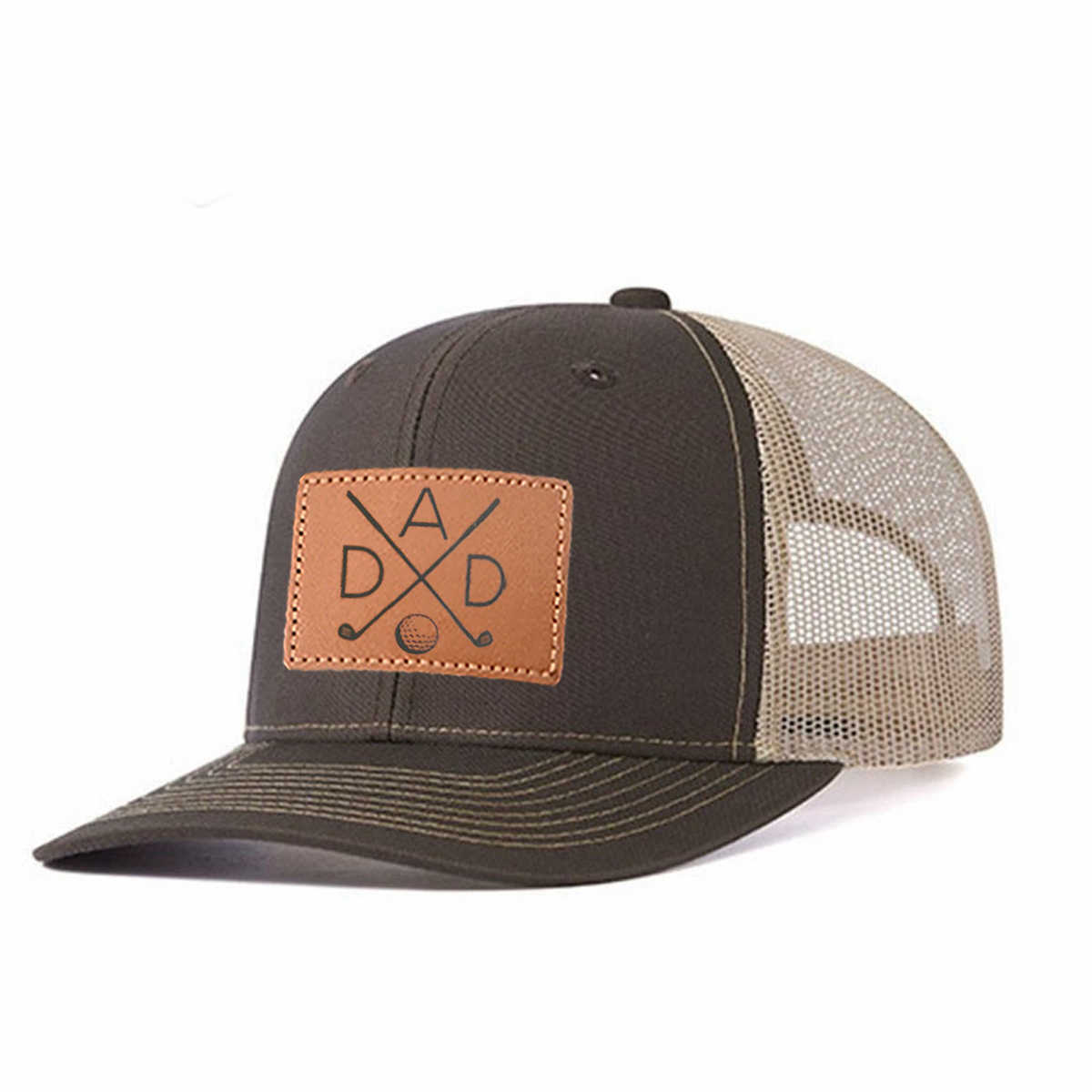 Dad Golf Leather Patch Trucker Hat product details