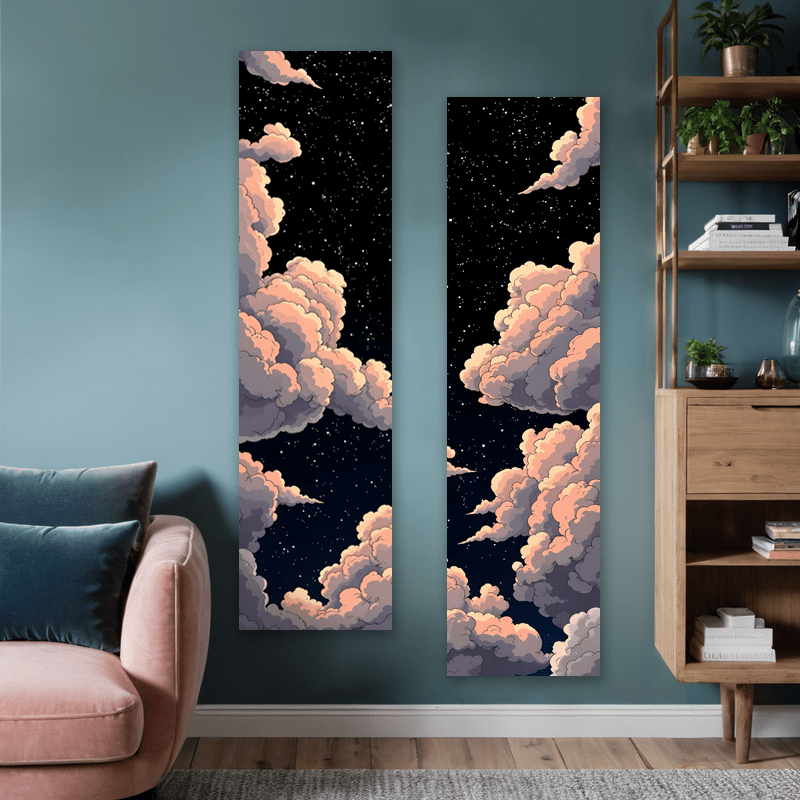 Geheimnisvoller Sternenhimmel – Vertikaler Wandteppich, 2-teiliges Set – Fantastische Wolken- und Sternenlandschaft – Langes, schmales, mondbeschienenes ästhetisches Kunstwerk – Waschbare Wanddekoration_voghion.com