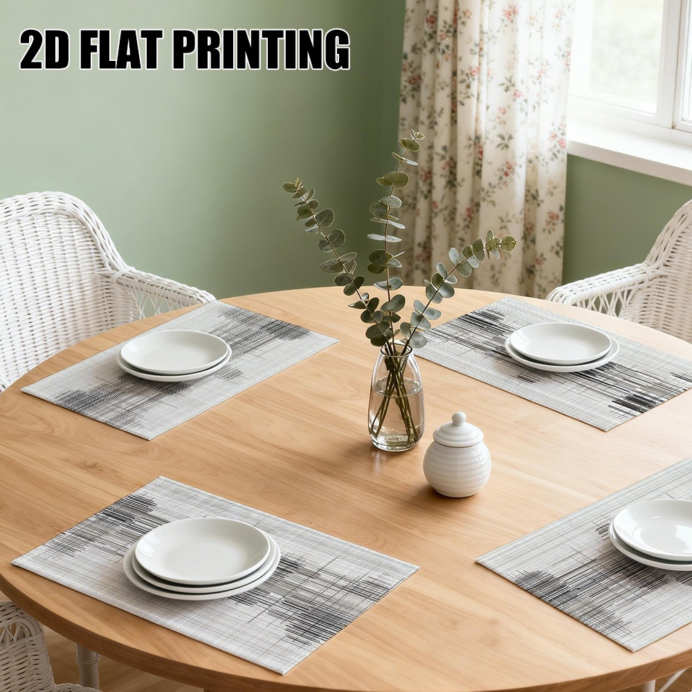 4er-Set Tischsets aus Stoff mit abstraktem, linearem, grauem Skizzenmuster. Elegante rechteckige Tischsets, geeignet für Esszimmer, Küche und als Geschenk._voghion.com