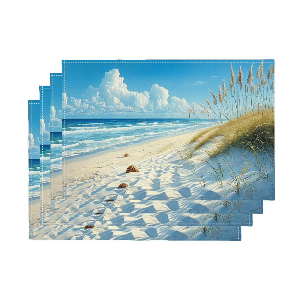 Ensemble de 4 sets de table turquoise et blancs à motif plage côtière - Vagues, coquillages et empreintes de pas réalistes, texture bleu clair et sable_voghion.com