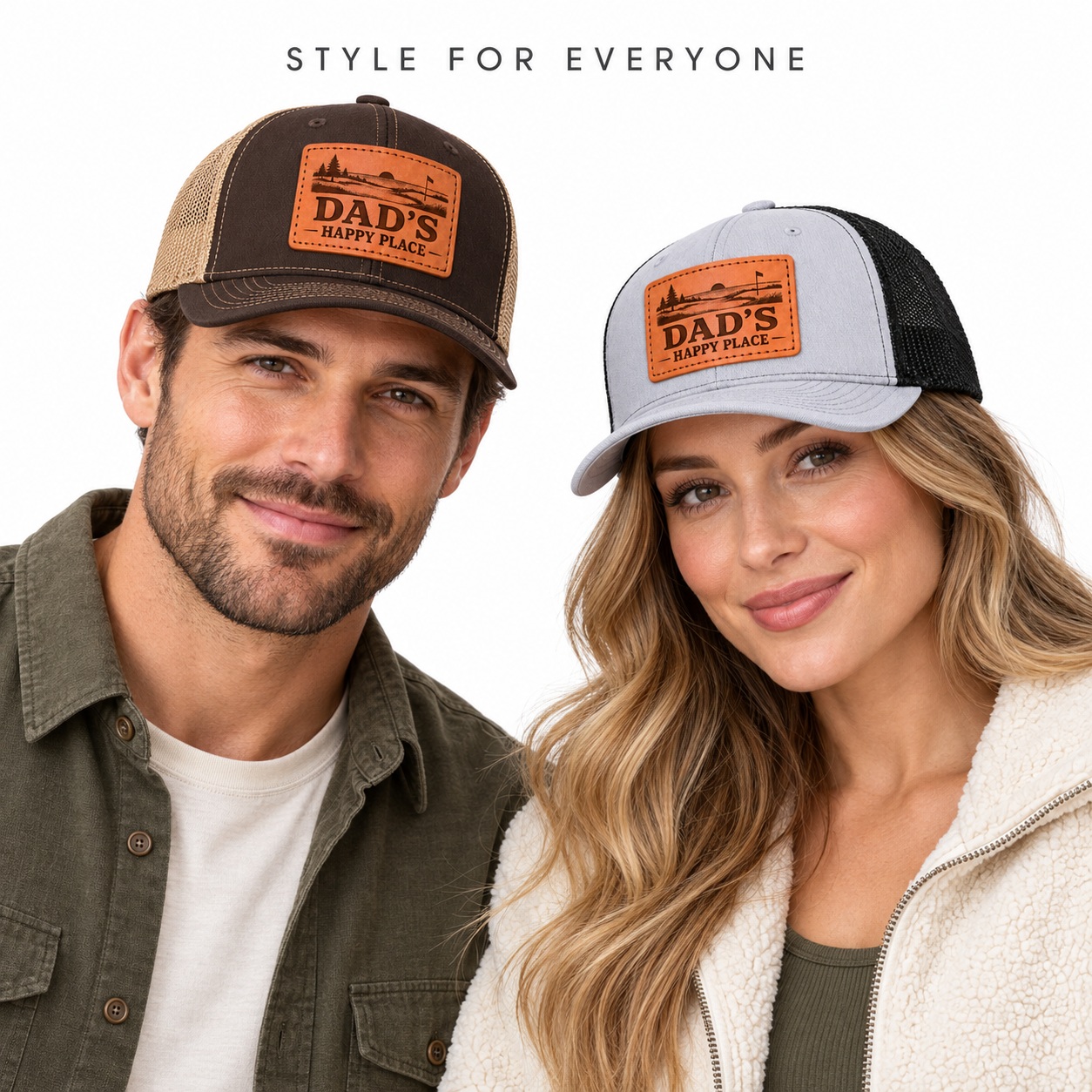 Dad's Happy Place Sunset Golf Course Graphic Leather Patch Trucker Hat product details