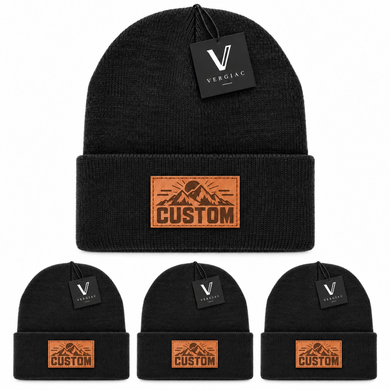 Custom Leather Patch Knit Beanies (4-Pack) product details