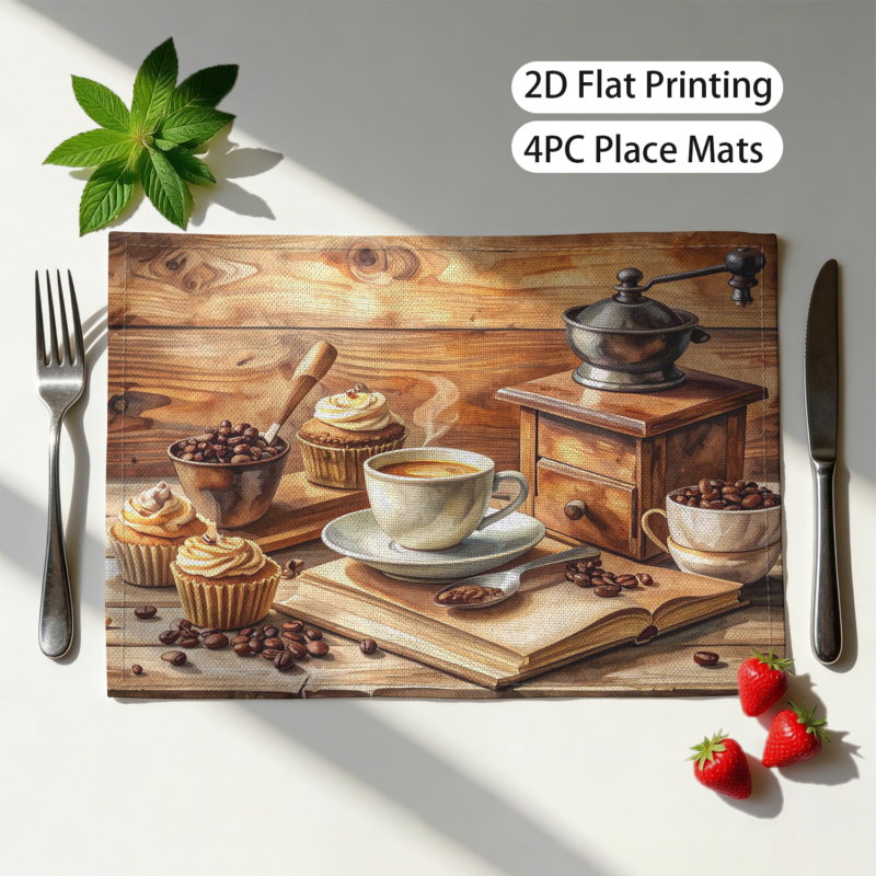 Of 4 Coffee-Themed Placemats, Measuring 30X45Cm, Perfect For Decorating Your Kitchen Dining Table, Ideal For Breakfast And Afternoon Tea_voghion.com