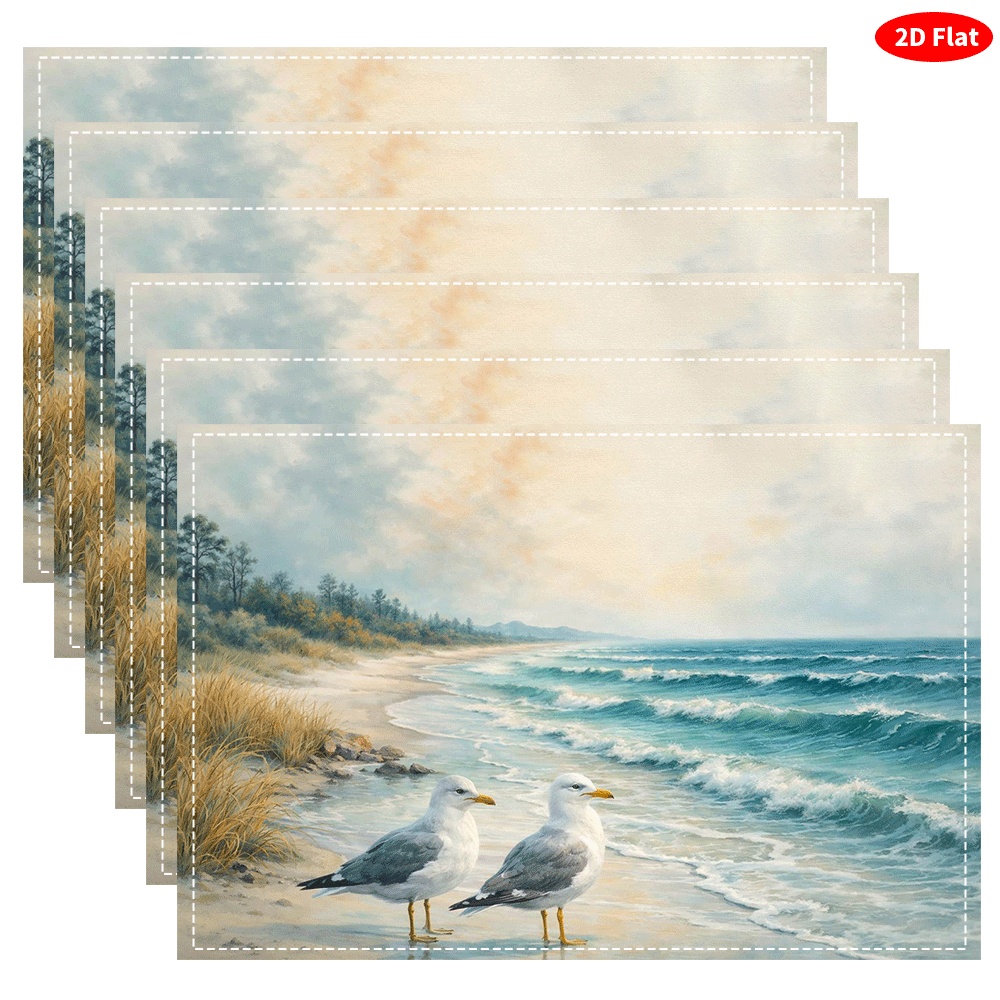 6pcs Seagull Beach Placemats Suitable & Dining Table Decor, Heat-Resistant Washable Table Mats With Nautical Seagull Print, Hand Washable Table_voghion.com