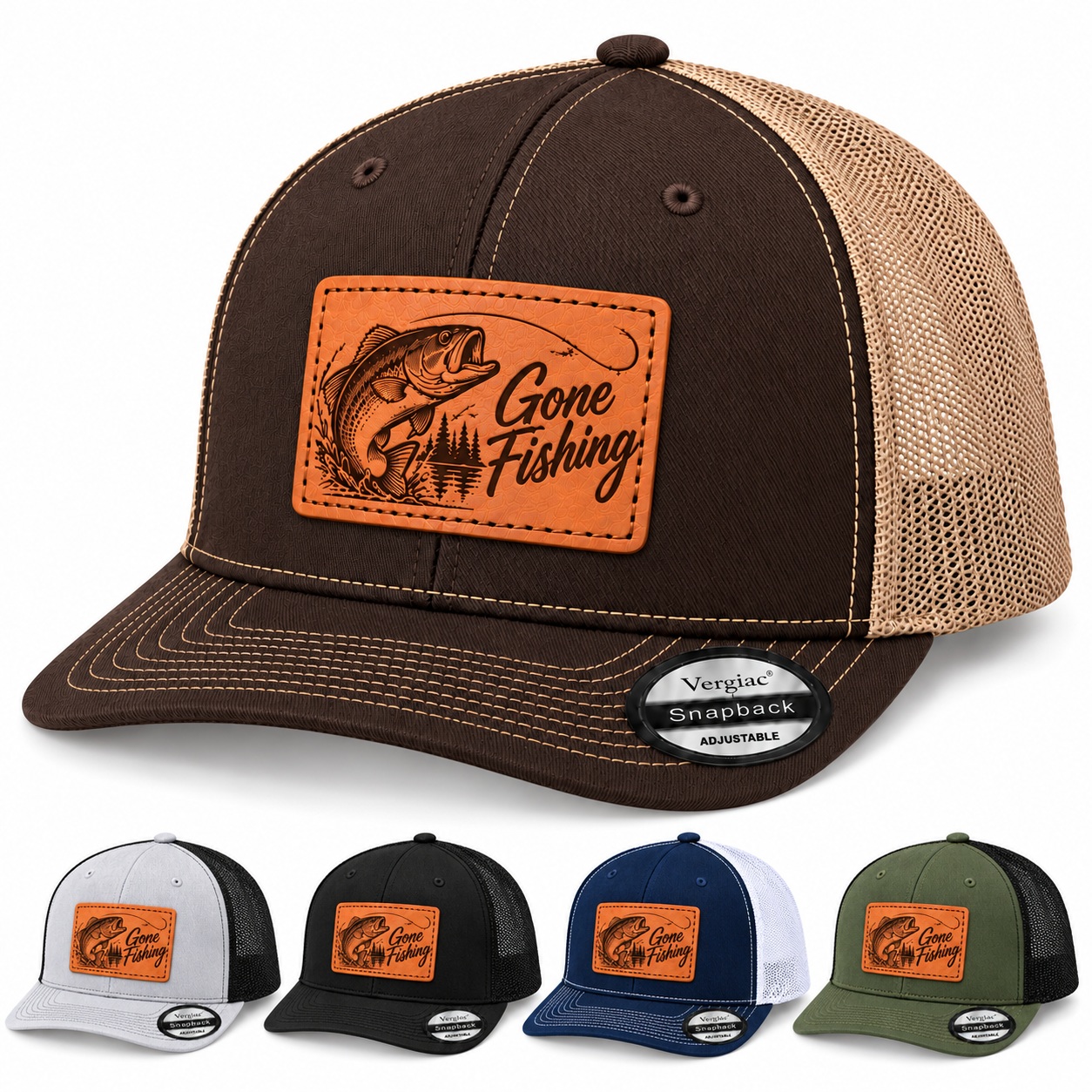 Gone Fishing Leather Patch Trucker Hat product details
