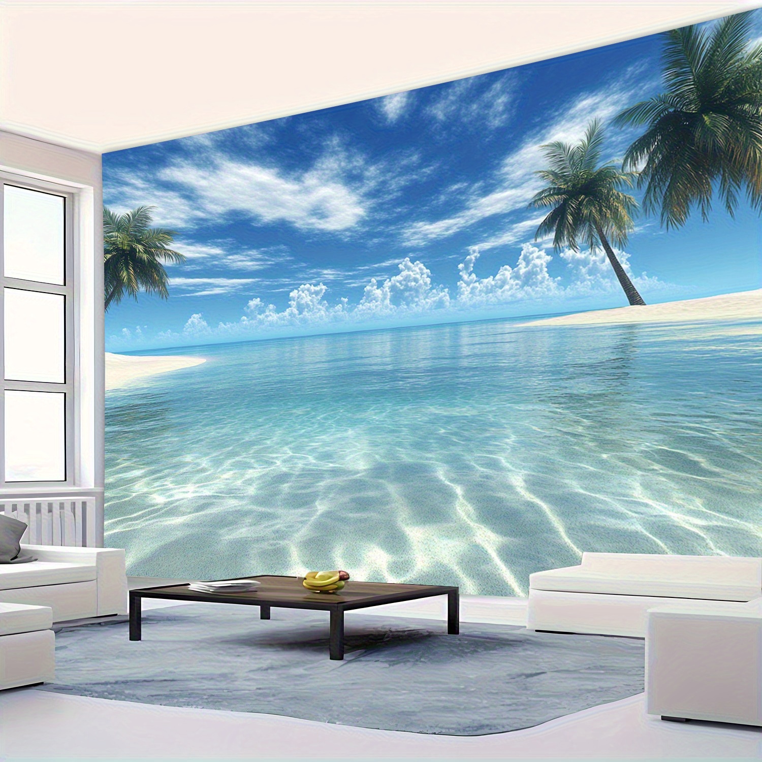 Large 2D Flat Tropical Beach Scenery Tapestry Wall Hanging With Palm Trees Crystal Clear Waters For Bedroom Living Room Decor Beach Theme_voghion.com