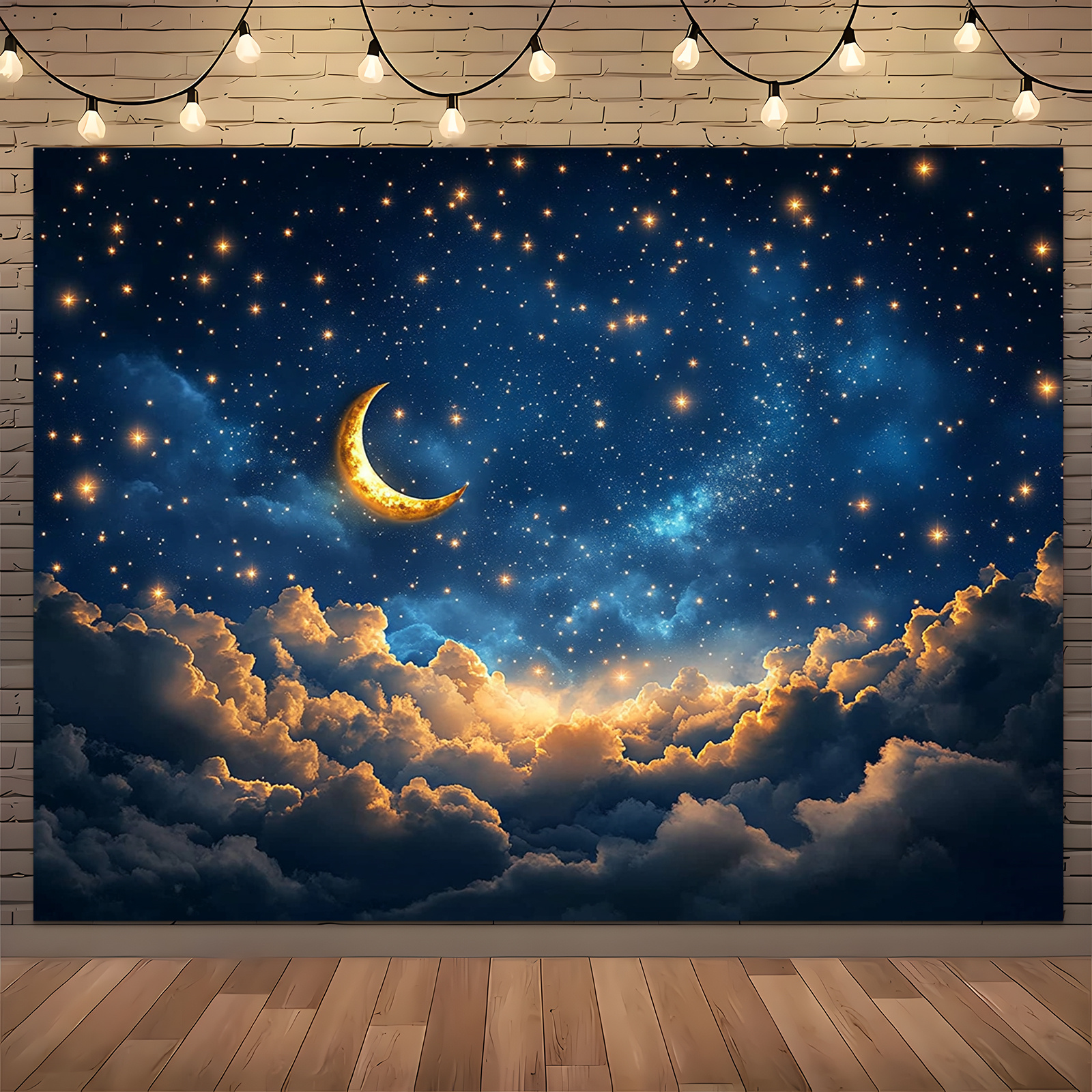 1 stuk wandtapijt met halve maan en sterrenhemel, gemaakt van dromerige polyesterstof met wolken en fonkelende sterren, perfect voor een romantische slaapkamer, woonkamer, bruiloft of verjaardag._voghion.com