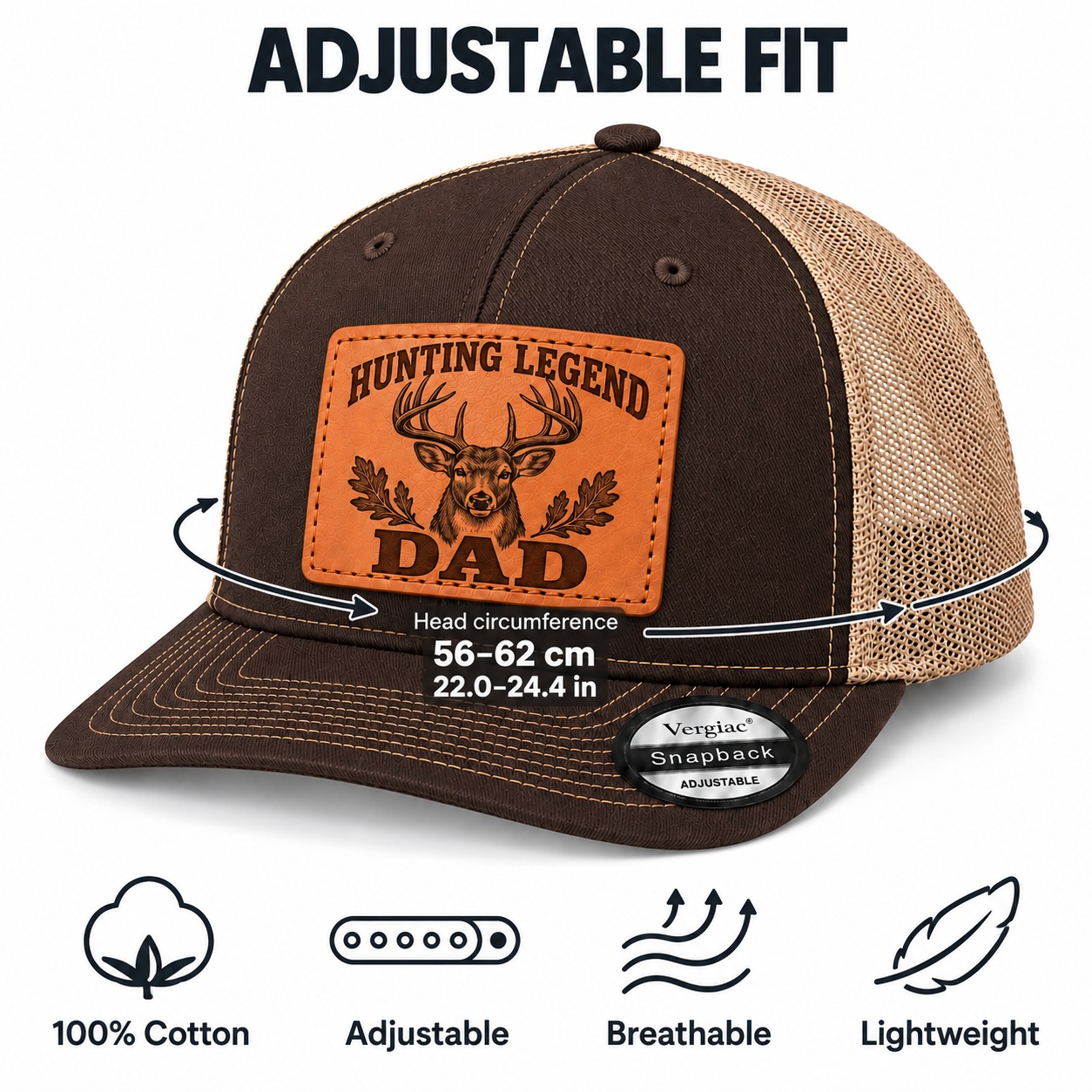 Hunting Legend Dad Deer Head And Oak Leaf Graphic Leather Patch Trucker Hat product details